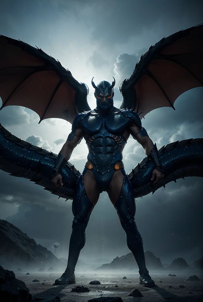 Full body shot of angry guy from Korean with a singer idol appearance, flying in the air with black devil wings, lightning, ,handsome, brown boots , nude body , midnight, raised a light power,torch, small soft man penis.