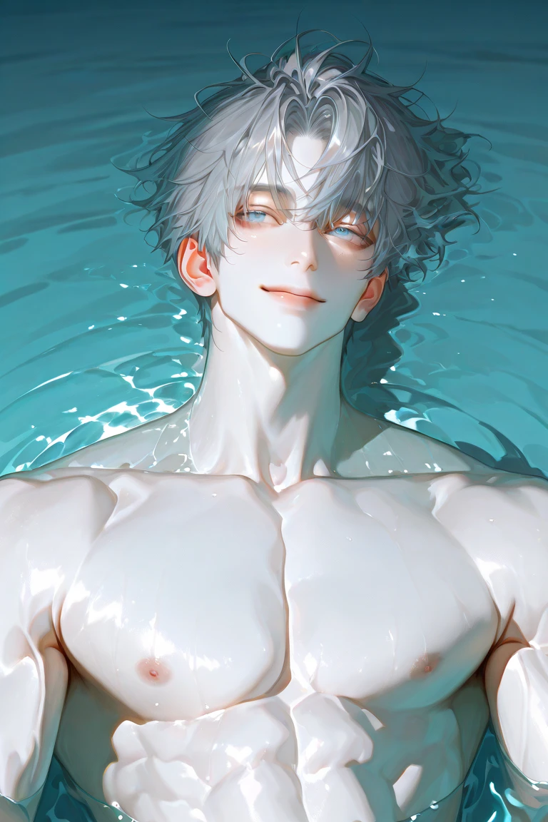 1 male, high resolution 8k, adult, handsome, perfect face detail, detailed eyes and face, clean shaved, sixpack realistic, white eyebrow hair, white eyelashes, dynamic lighting, unreal engine, hd picture, satoru gojo, Jujutsu kaisen, white hair, short hair ,hair between eyes ,blue eyes, white skin, round buoy, water details, chain necklace