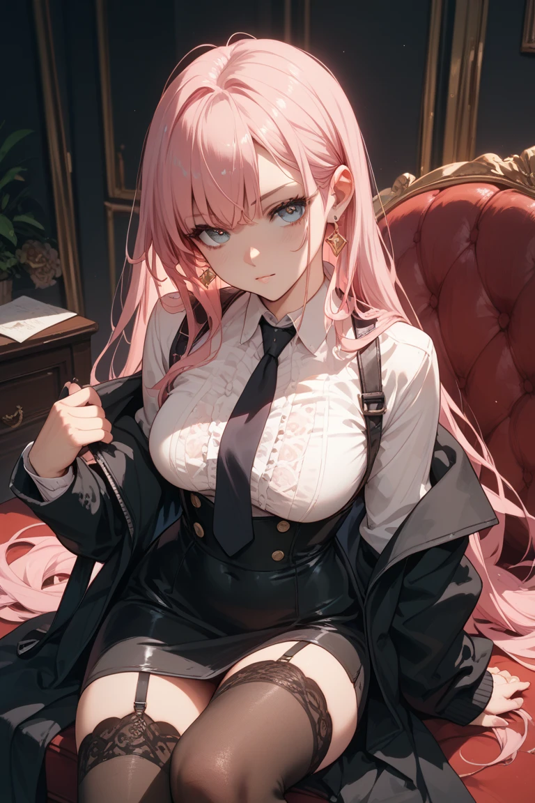 very delicate and beautiful girl,8k wallpaper,masterpiece,danntoudainoaura,Bedroom,1 girl,alone,devil's horns,devil girl,long hair,medium breasts,(OL Clothes),((pantyhose)),pumps,choker,((pencil skirt)),(sit on bed),looking at the viewer、Photo from below、((sit cross-legged))、((business suit))、((mini skirt))、((black panties))