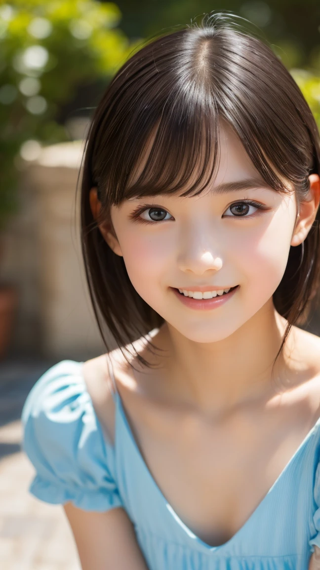 A happy smile looking at this、small tits、masutepiece, Best Quality, 8K, 10yaers old, , Raw photo, absurderes, award winning portrait, Smile, Solo, Idol face, violaceaess, Delicate girl, Upper body, Digital SLR, Looking at Viewer, Candid, Sophisticated,Thin arms, Professional Lighting, Film grain, chromatic abberation, (Eyes and faces with detailed:1.0),