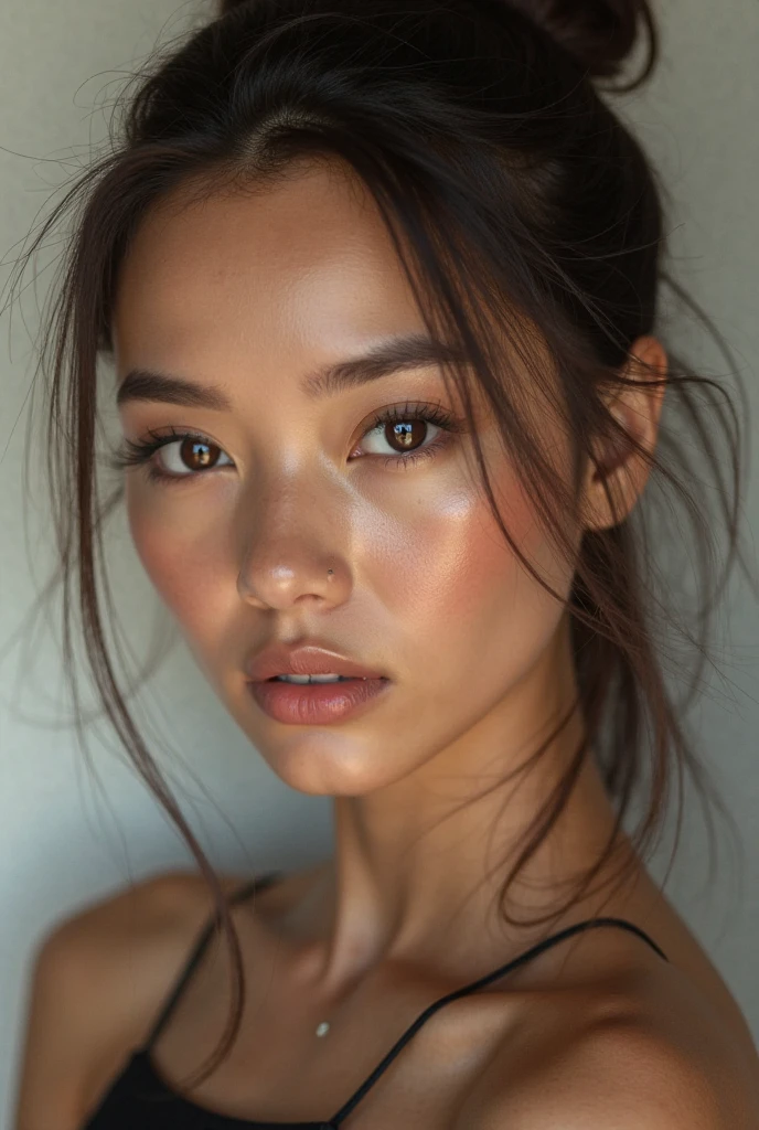 raw photo of beautiful female, looking at camera, centered portrait upper body, Somali beauty, slim perfect face, natural look, playmate, wavy hair, wet hair tied in a bun, supermodel, wet skin, jet-black skin, blushing cheek, very very small bust, closing eyes, feeling ecstasy, nude skin, in photo studio