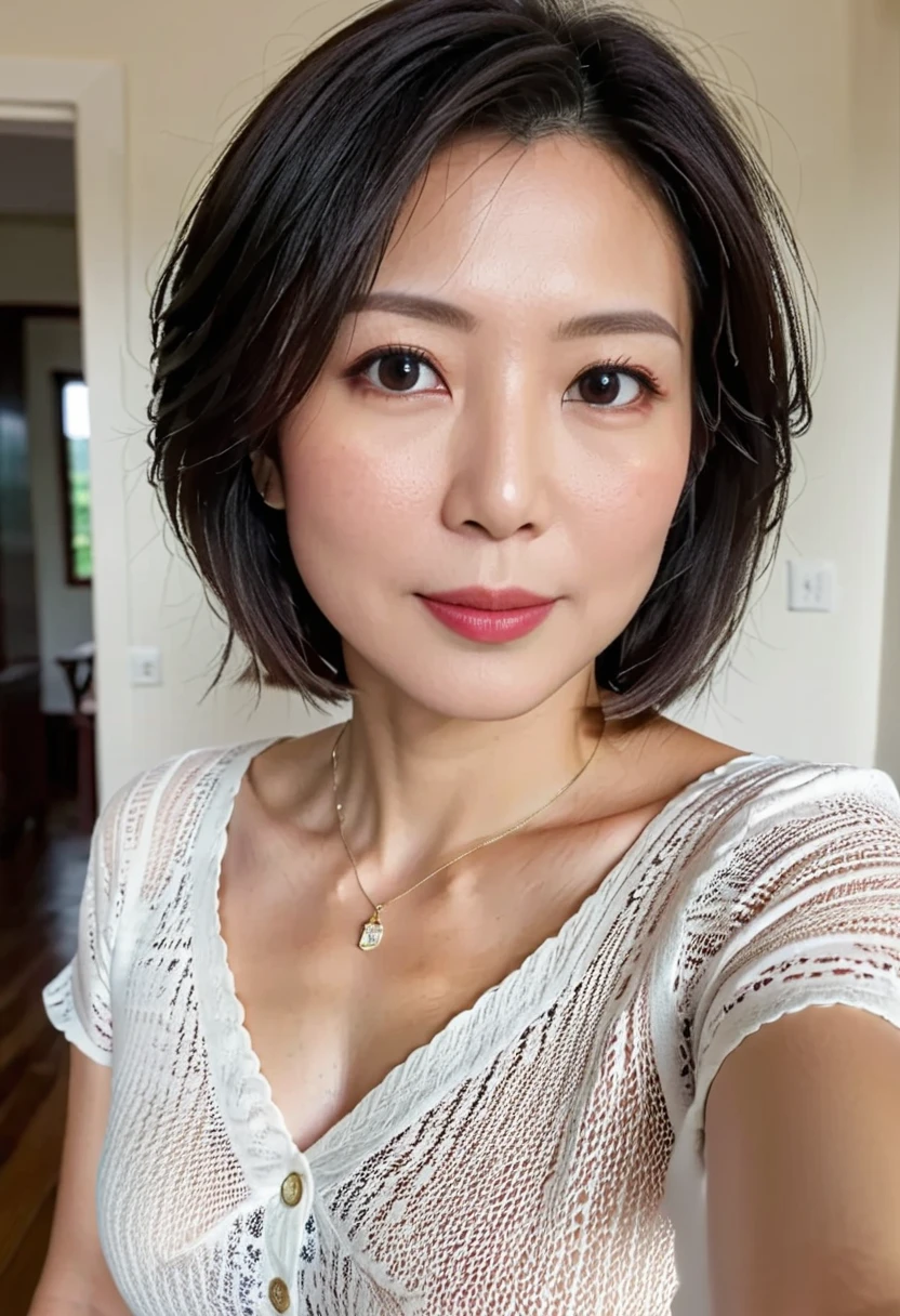 NSFW, ((Best Quality)), ((8K)), ((Masterpiece: 1.3)), (Perfect Appearance), (Photorealism: 1.6), (A woman in a camisole stands by the bed), Bedroom, night, luxurious furniture, Japanese woman, 47 years old, (realistic skin texture)), (overall skin fine lines: 1.3), (skin dullness: 1.1), (skin without moisture): 1.2 ), (skin wrinkles) Face: 0.9), (crow's feet: 1.2), double eyelids, tear sacs on lower eyelids, (crying mole: 0.9), eyes facing towards you, serious expression, ( Dimples: 1.2), medium long hairstyle, gentle smile, eyes looking towards you, short hairstyle, silk camisole, lace camisole, (whole body: 1.4), low angle,