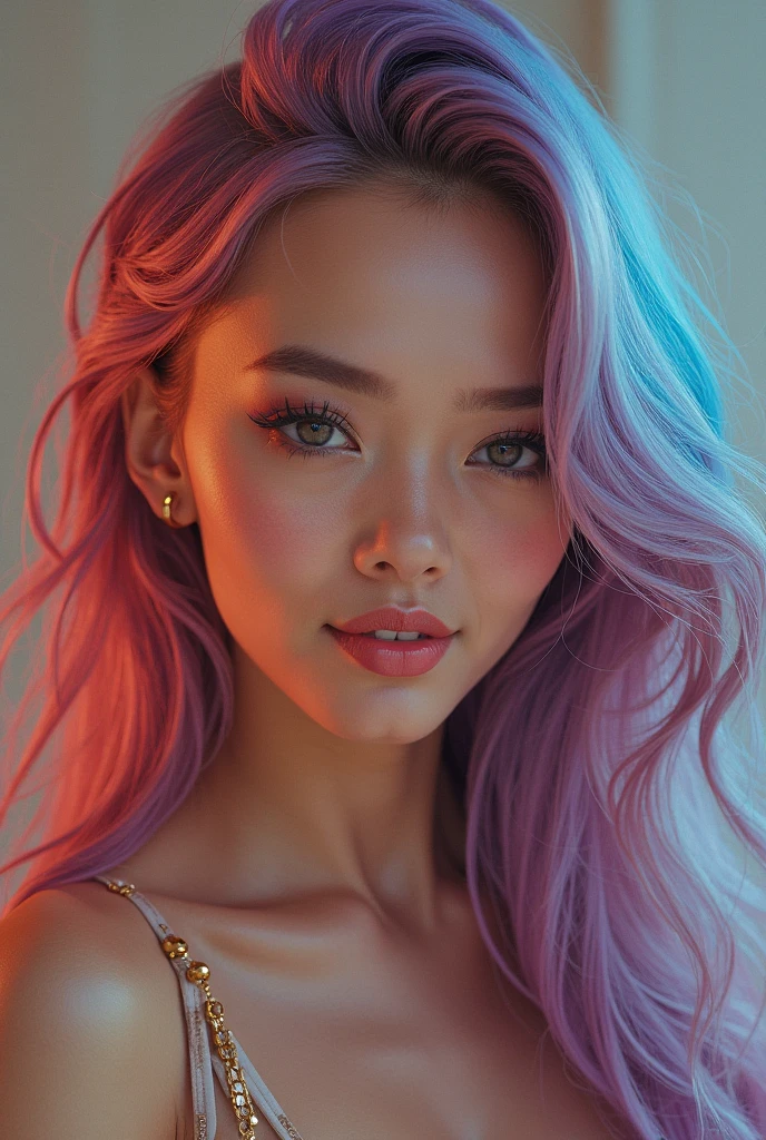 beautiful girl with colored hair, pop star style outfit