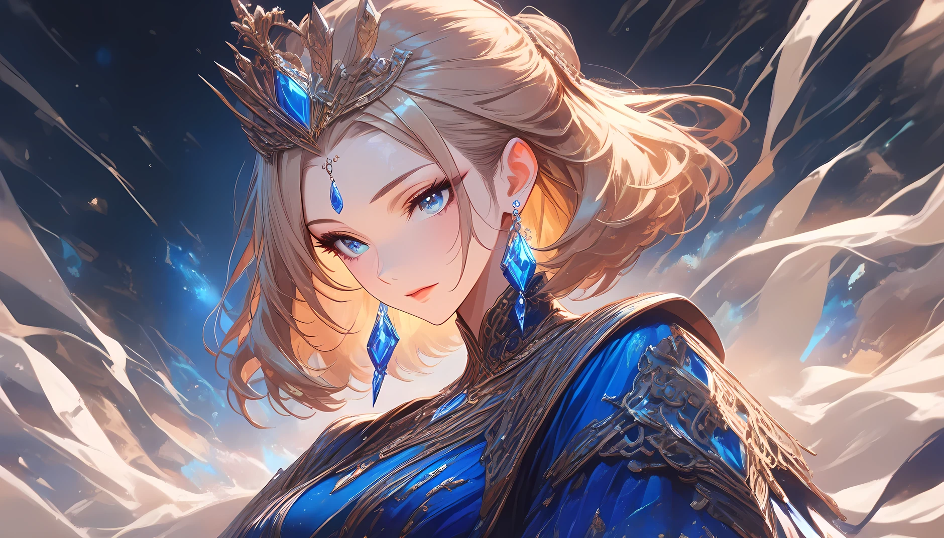 beautiful face, best quality, ultra high resnatural light, shiny skin, detailed skin, detailed face, detailed eyes, beautiful lady, ((masterpiece)), (textured skin), ((high details)), best quality, award winning, 8k, beautiful woman, silk dress, Noble, princess, queen, blonde, half updo, hair flaps, jewelry tiara, crystal earrings, Sharp focus A beautiful woman with perfect body, Slim abdomen, light brown hair, shiny hair, bob cut, starry skies, blue emerald ring
