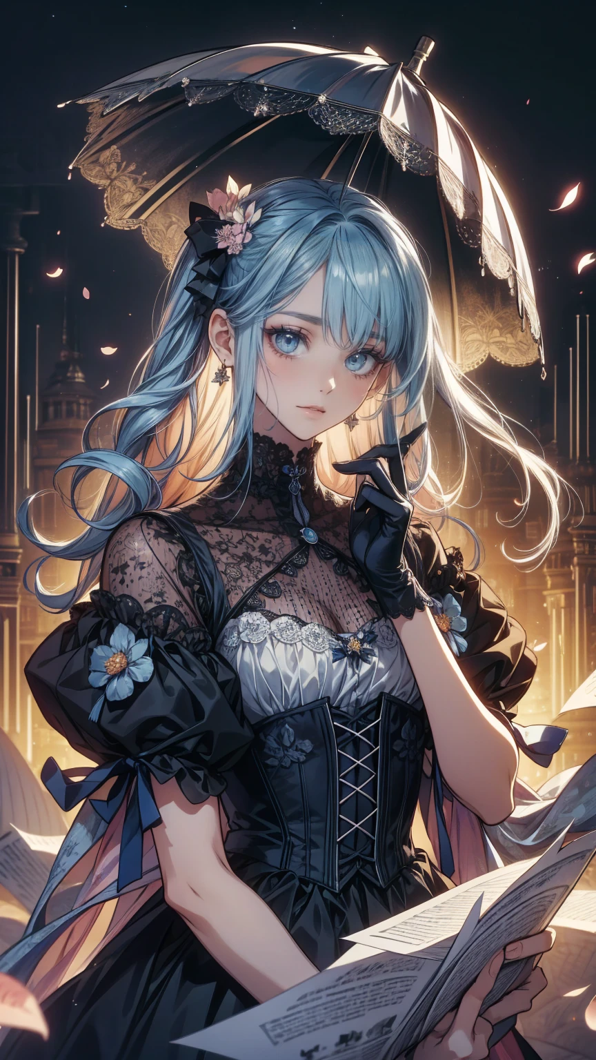 ((best quality)), ((masterpiece)), (detailed), beautiful young woman, royal and well defined facial features, alabaster white skin, oval shaped face, full size starry pink lips, starry pupiled eyes( 8 pointed star pupils), unkempt wavy light sea blue hair , twintails, slim thick, athletic build, D-cup breasts, slim waist, large round ass, curvy body, short height(165cm), modern royal fantasy setting, elegant battle dress