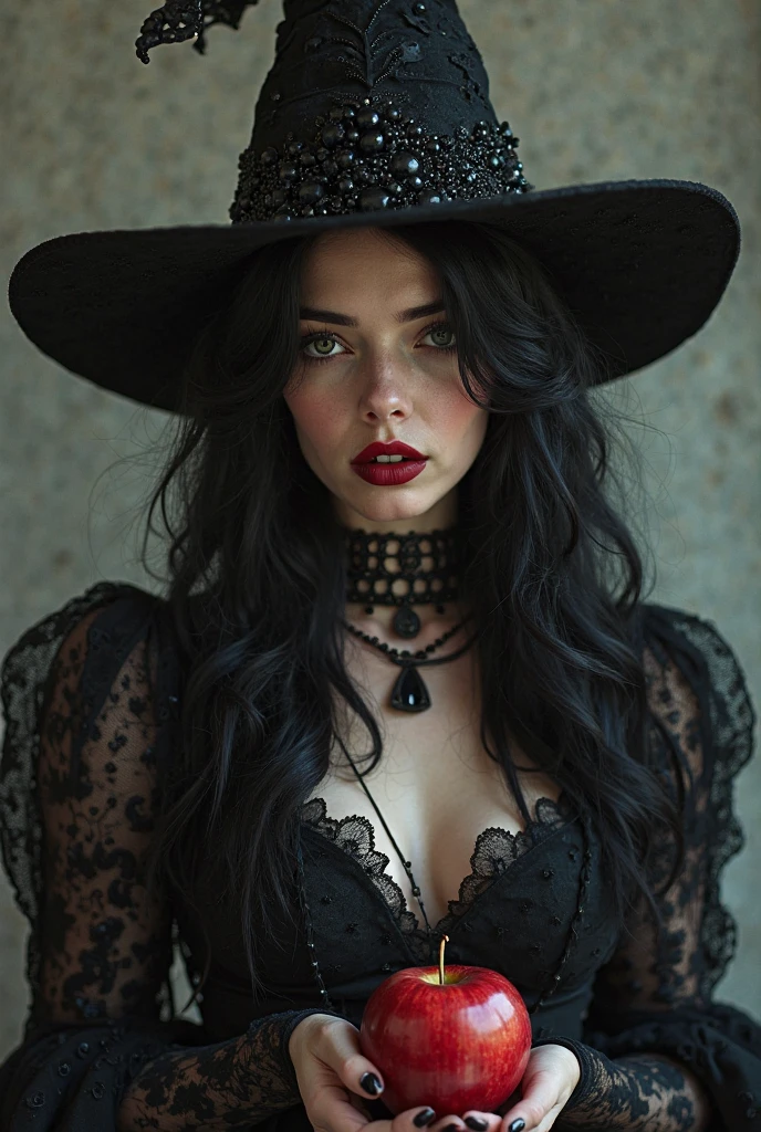 there is a woman with long black hair sitting on a bed, black hair girl wearing deep V sweater, large breasted, profile image, billie eilish, with black hat on head, serious face, 1 23 year old goth girl, wearing a choker and a cute hat, large breasted. (texture skin, Film grain), cinematic light, side lighting, ultra high resolution
