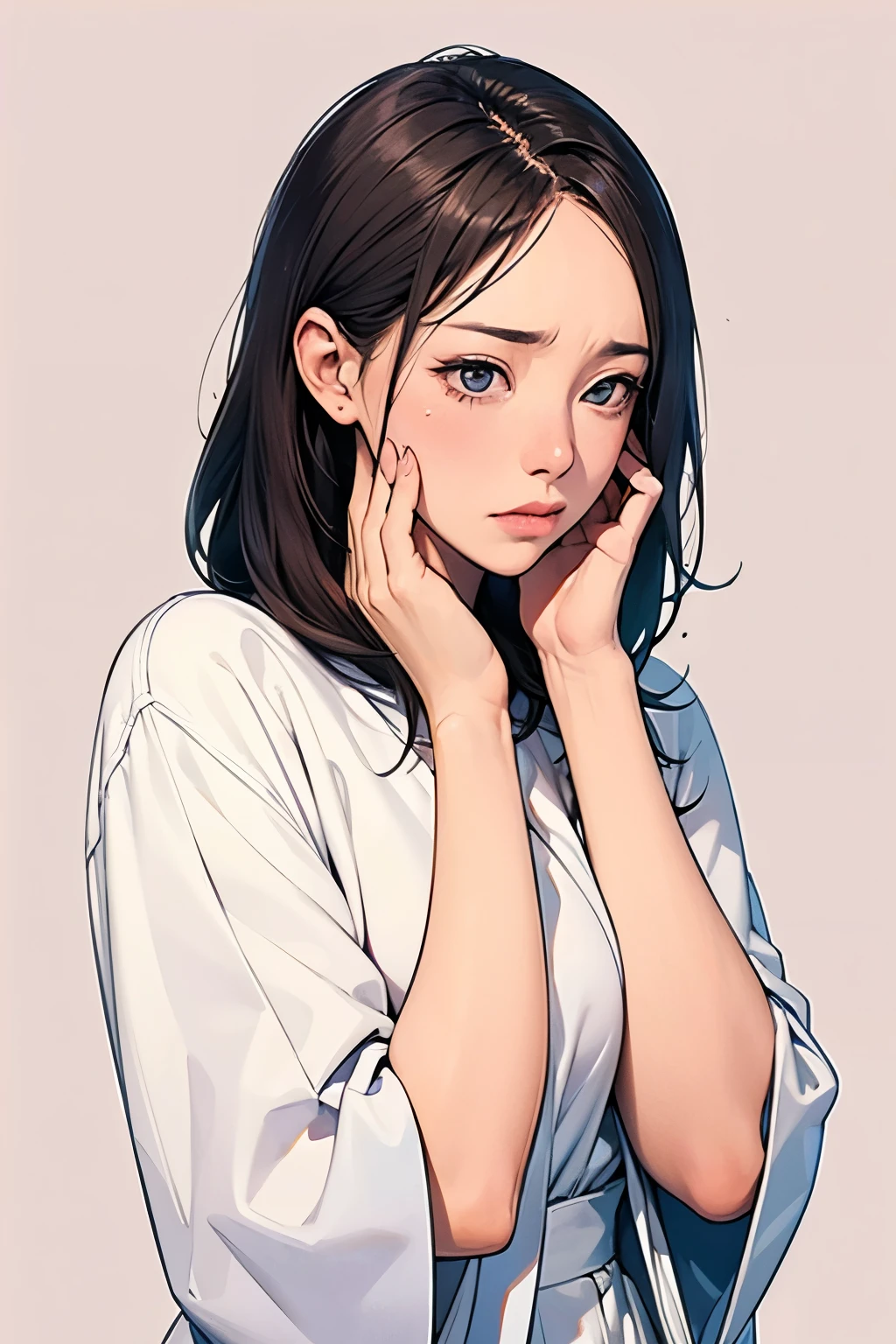 beautiful anime potrait, stunning anime face, Best image quality, indonesian woman, adult woman,light skin. ((grey plain background)), (Takehiko Inoue art style), (slam dunk art), half body.