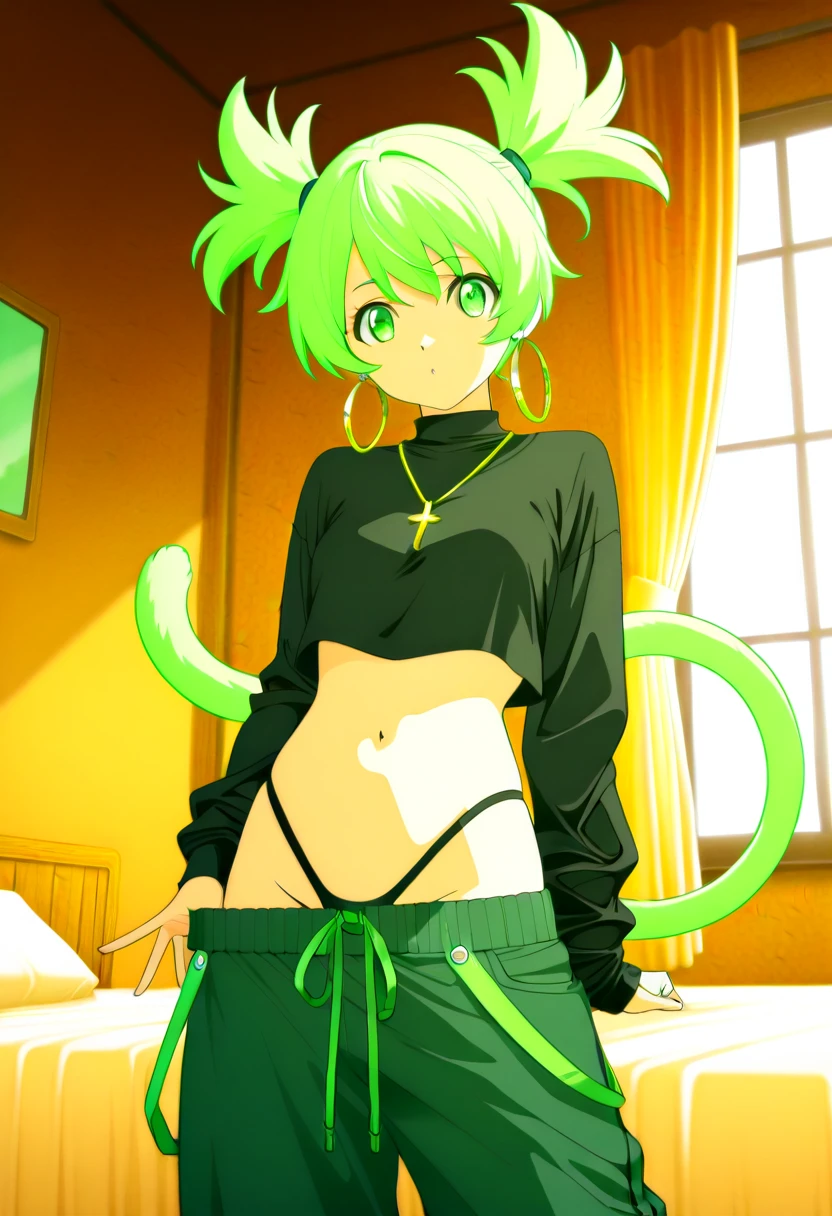 Cute girl, bikini, sexy body, Short dark green hair, Beautiful yellow eyes, cat ears, cat collar, cat tail, cat hands, cat feet