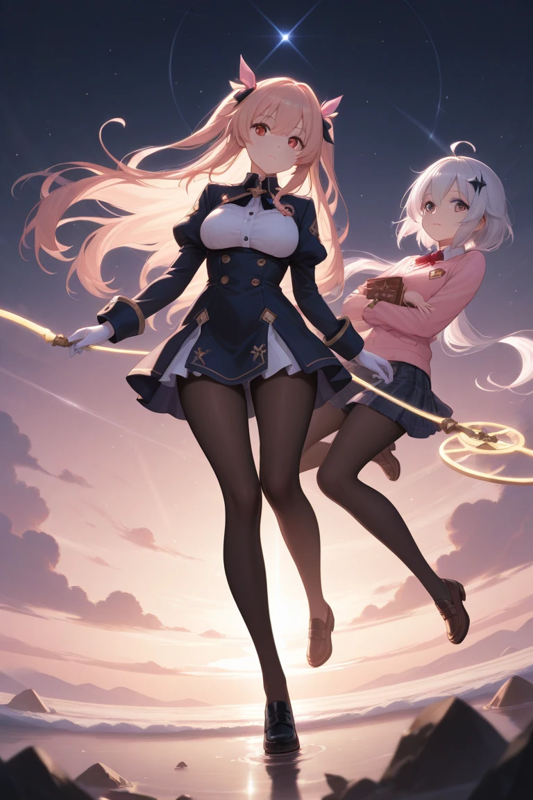 multiple girls, 3girls, standing, giantess art, highly detailed giantess shots, giantess, most detailed, perfect face, Two legs, Five fingers, short hair, A beautiful girl who is bigger than a skyscraper, Wearing rimless glasses, smile, huge breasts, magical girl dress, bow, magical girl, holding a magical wand, black pantyhose, stiletto heels, thunderbolt from a magical wand, seaside metropolis, numerous miniature warships on the sea, Destroying cities, Under heavy attack, A very small big city, Miniature metropolis, Full body description, GTS, giga giantess, gigagts, stomping city, crash city, tiny city, micro city, pantyhose feet, High resolution, highest quality, masterpiece,