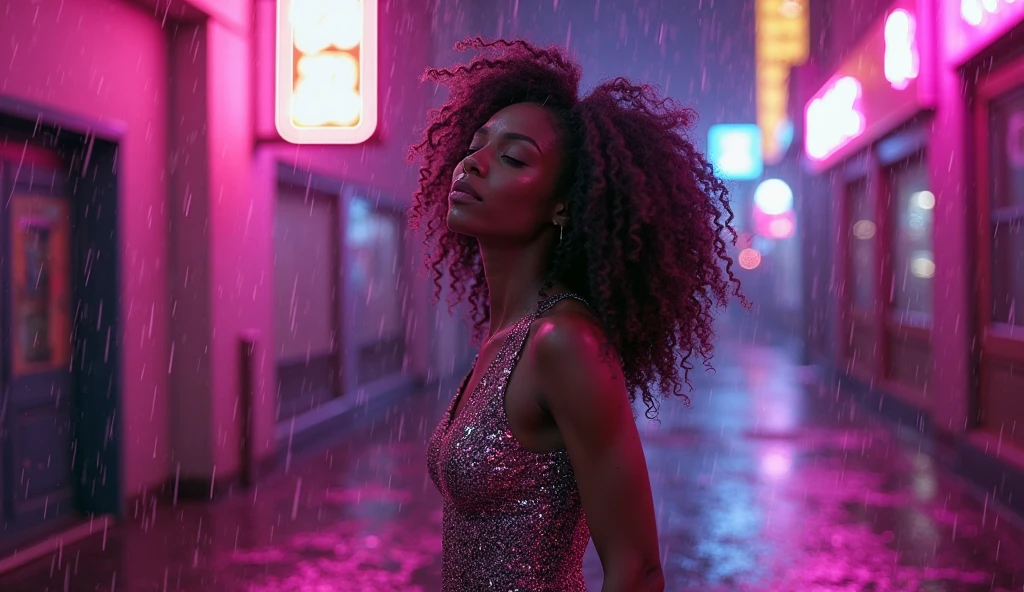 African female, 23 years, dark skin, high cheekbones, full lips, almond-shaped brown eyes. Long curly hair, slightly damp from rain. Wearing a short dress inappropriate for the cold weather. Standing under a flickering streetlight, shoulders squared, feigning confidence. Her eyes betray a mix of fear and determination. Setting: Rainy street at night, neon lights reflecting in puddles. Focus on the woman's face and posture, contrasting with the gloomy surroundings. Tense and vulnerable atmosphere, highly detailed.