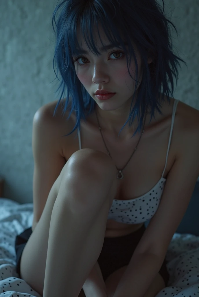 sfw, ((lying on bed top view)), beautiful girl, full body, short bright blue neon streaked dishevelled hair, ((seductive pose:1.2)), (street style wear:1.2), ((tight fitted short skirt)), ((knee high leather boots:1.3)), (dark city night black background:1.4), dark makeup, digital art, trending on artstation, highly detailed, fine detail, intricate, beautiful detailed glow, detailed, Cinematic light, high-res, detailed facial features, sharp focus, smooth, aesthetic,, wearing bra,((skinny waist)), young asian girl, ((big breasted)),