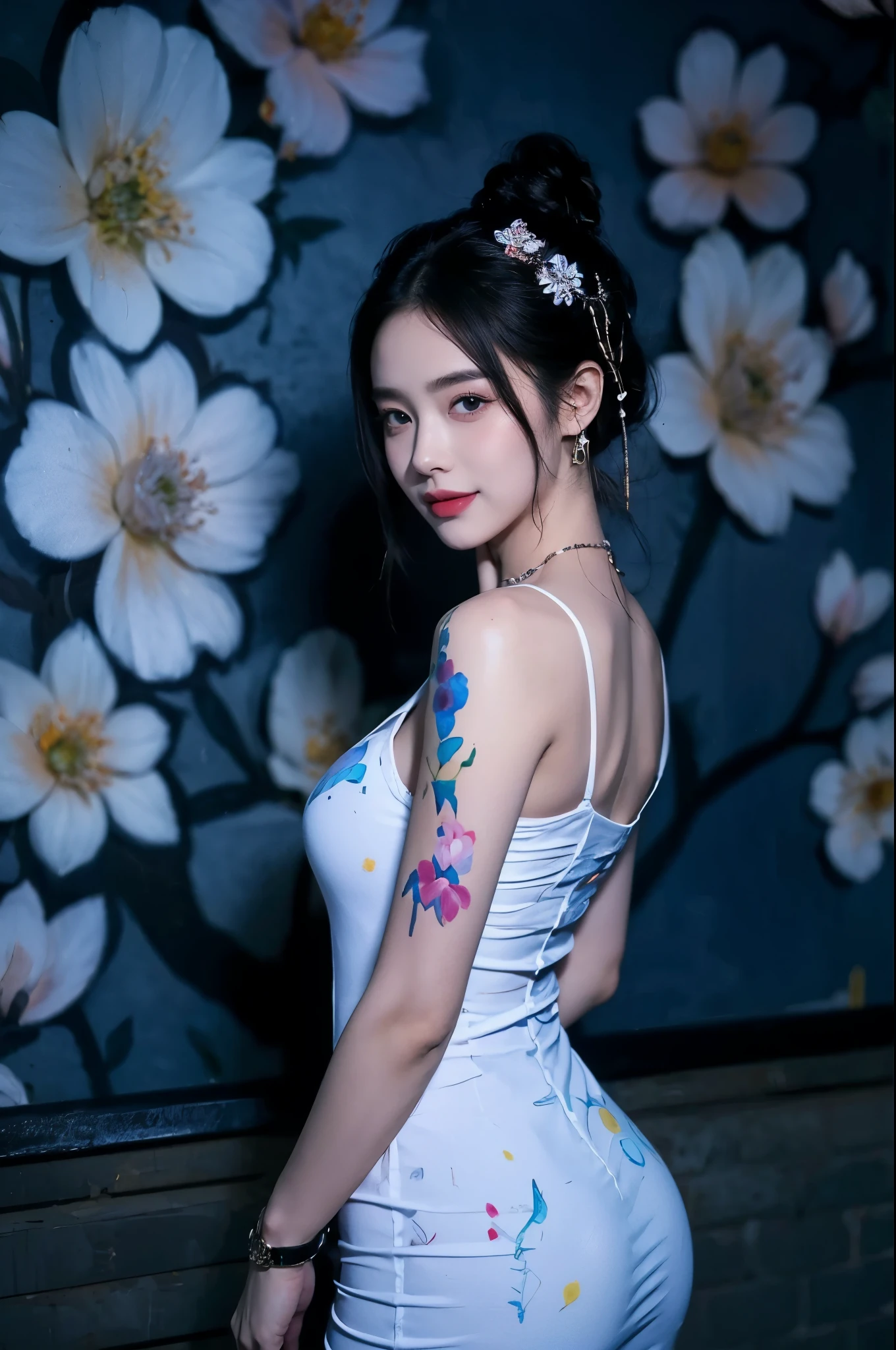(masterpiece, quality, best quality, Official Art, Beautiful and beautiful:1.2), (1 girl:1.3), Very detailed,(Fractal Art:1.1),(Rich and colorful:1.1)(Flowers:1.3),Most detailed,(Tangled:1.2), whole body, feet,(Abstract background:1.3), (Shiny skin), (Many colors:1.4), ,(Feather earrings:1.5),