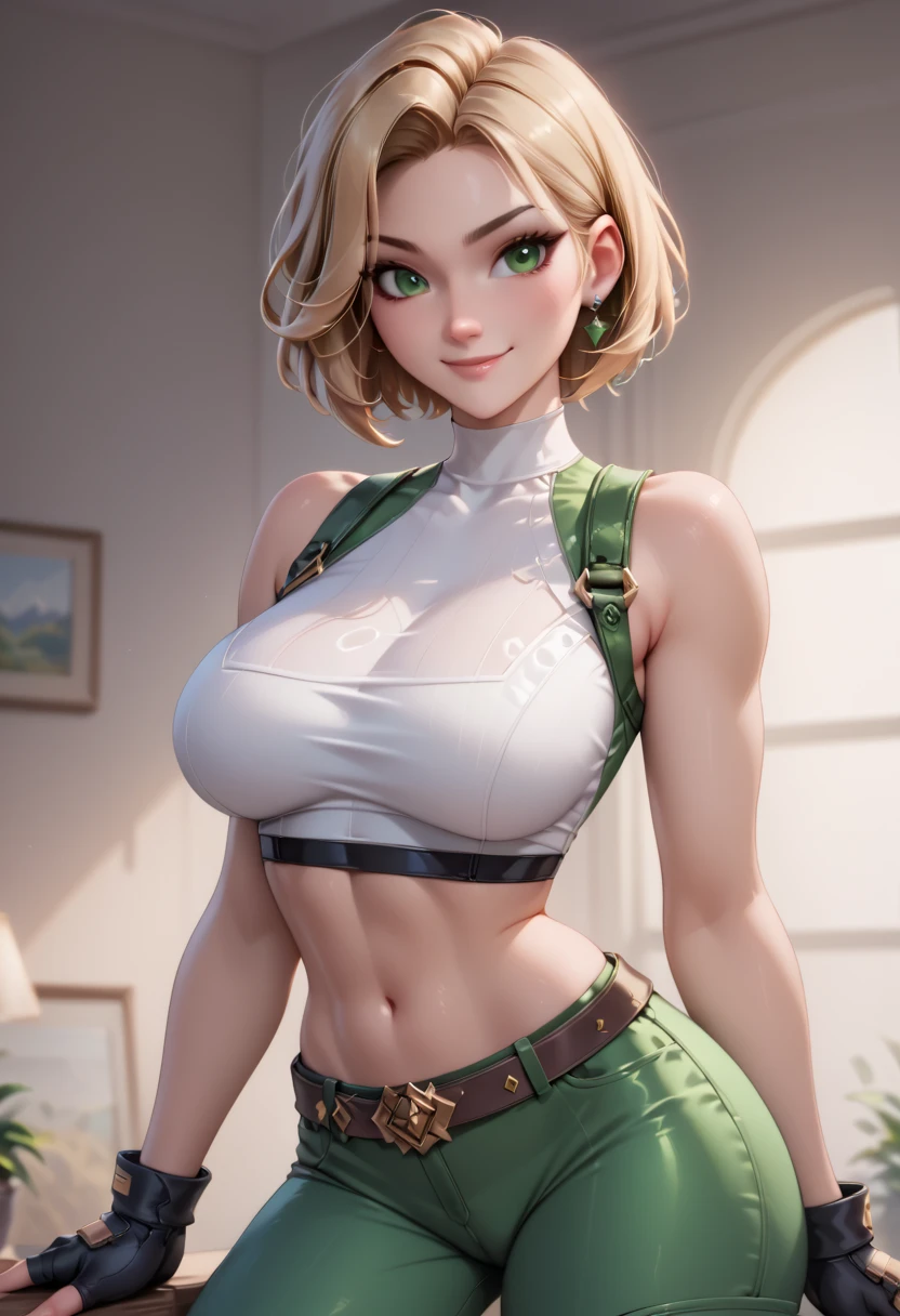 Ester Exposito loira sexy, She is wearing a dark green transparent bikini sweatshirt open covering her breasts, she has giant breasts. Show her whole