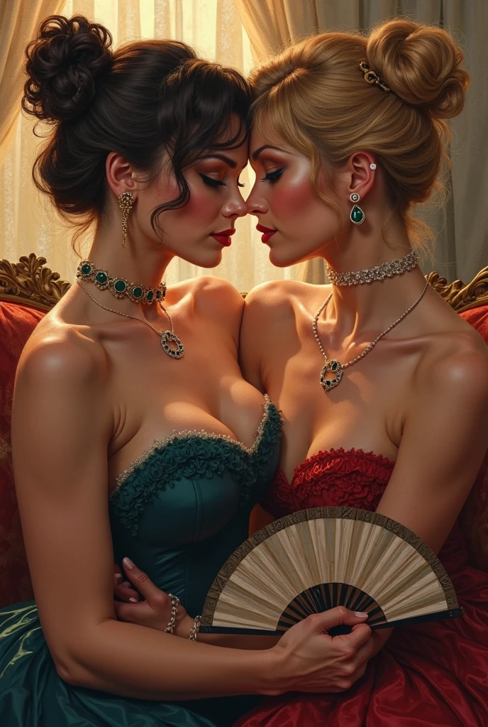(beautiful indonesia (the detail) Medium wavy layer hair and her sister (Detail ponytail short hair) with big gigantic breasts , Hands touch your head, Armpits, wears (Detail of luxury traditional clothing), ,(Strapless bra), (Cleavage is shown), (Show below the breasts) , (Show side boob), (exposing thighs), vases, (Huge big breasts:1,9), Traditional decorative background, Background with, Detail luxury flooring, Detail vase, Detail luxury table, Detailed luxury gift , Detailed luxury lamp, beauitful face, pretty face, beautidful eyes, beautiful nose, sensual lip, Polished nails, Ray traching, NSFW, Beautiful Finger, beautiful hand, sexy stomach, Voluptious body, Sexy shoulders, Sexy legs, Sexy buttocks, (bangle), (hairpin), (gyuru), (choker necklace), (耳Nipple Ring), black fingernails , blueneyes,, NSFW, (4 fingers on 1 hand), white skinned, Full body photo, Beautiful makeup, (boob stack), (Lesbian), (perfect hand, Perfect Finger)), CG realism, 8K, sharp sharp eyes, (from back), CG realism, 8K, sharp sharp eyes, (tmasterpiece, Best quality at best:1.2),(8K,A high resolution,RAW photogr,actual,Photorealistic:1.3),(Detailed skin texture,Fine cloth texture,beautiful detailed face:1.25),profesional lighting,フォトンマッピング,beautiful soft light,ラジオシティ,physically-based renderingt,model shoot style, model shoot style, (extremely detaild的 CG unified 8k wallpapers), Full body photo of the most beautiful artwork in the world, complex 3d render ultra detailed of a, looking at viewert, Number 18, Wet hair, Real human skin, vibrant detail, Hyper-realistic, The beautiful, octaneratingrendering, 8K, Best quality at best, tmasterpiece, Extremely Delicately Beautiful, The is very detailed ,CG ,unified ,the wallpaper, (actual, Photorealistic:1.37),Amazing Cleavage, finely detailled, tmasterpiece,Best quality at best,offcial art, extremely detaild的 CG unified 8k wallpapers ,extremely detailed eye, (s the perfect face), Glossy glossy skin, Colorful, The most detailed, vivd colour, 超A high resolution, (hight contrast), iintricate, lens flare glow,