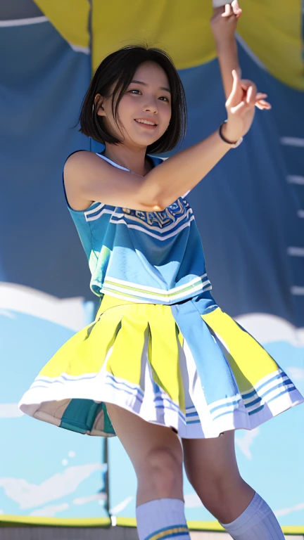 (best quality:1.2), masterpiece, (15-year-old, ultra cute kawaii:1.3), solo, smile, standing, looking at viewer, cowboy shot, (nup, cheerleader:1.2), ((focus on her armpits)), (((Sweaty armpits))), Armpit depression, ((((Dimpled Armpits)))), ((((Deeply wrinkled armpits))))