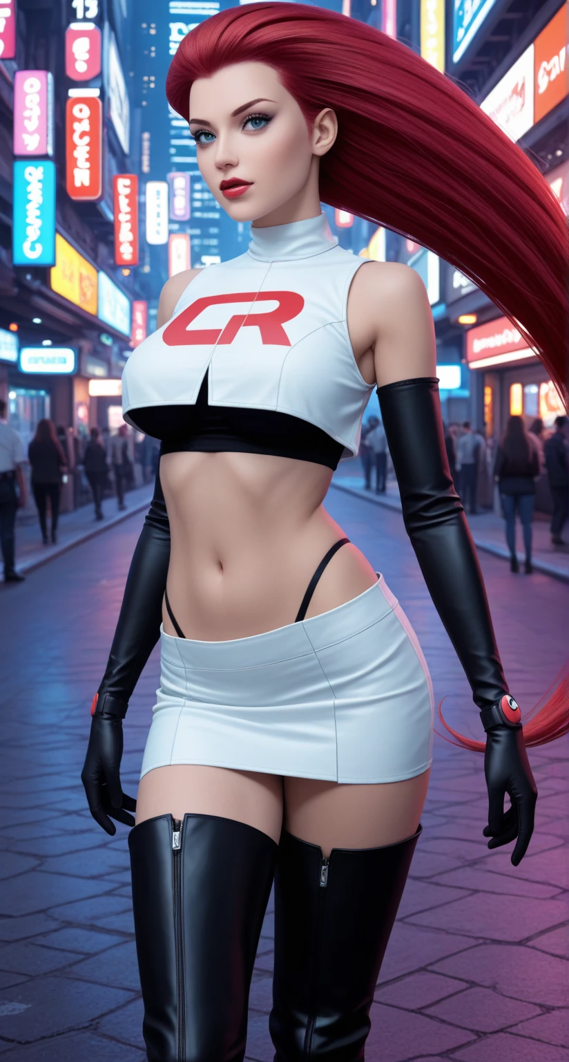 ((best quality)), ((highly detailed)), masterpiece, ((official art)), detailed face, beautiful face, (detailed eyes, deep eyes), (1girl:1.33, solo), full body, jessie\(pokemon\), (very long hair, large breasts, red hair, hair slicked back:1.2), (cyan eyes), earrings, grin, team rocket, team rocket outfit, white crop-top, white miniskirt, midriff, navel, black elbow gloves, black thighboots, action pose, (dynamic pose, dynamic angle, city, detailed background:1.2) <lora:jessie:0.8>