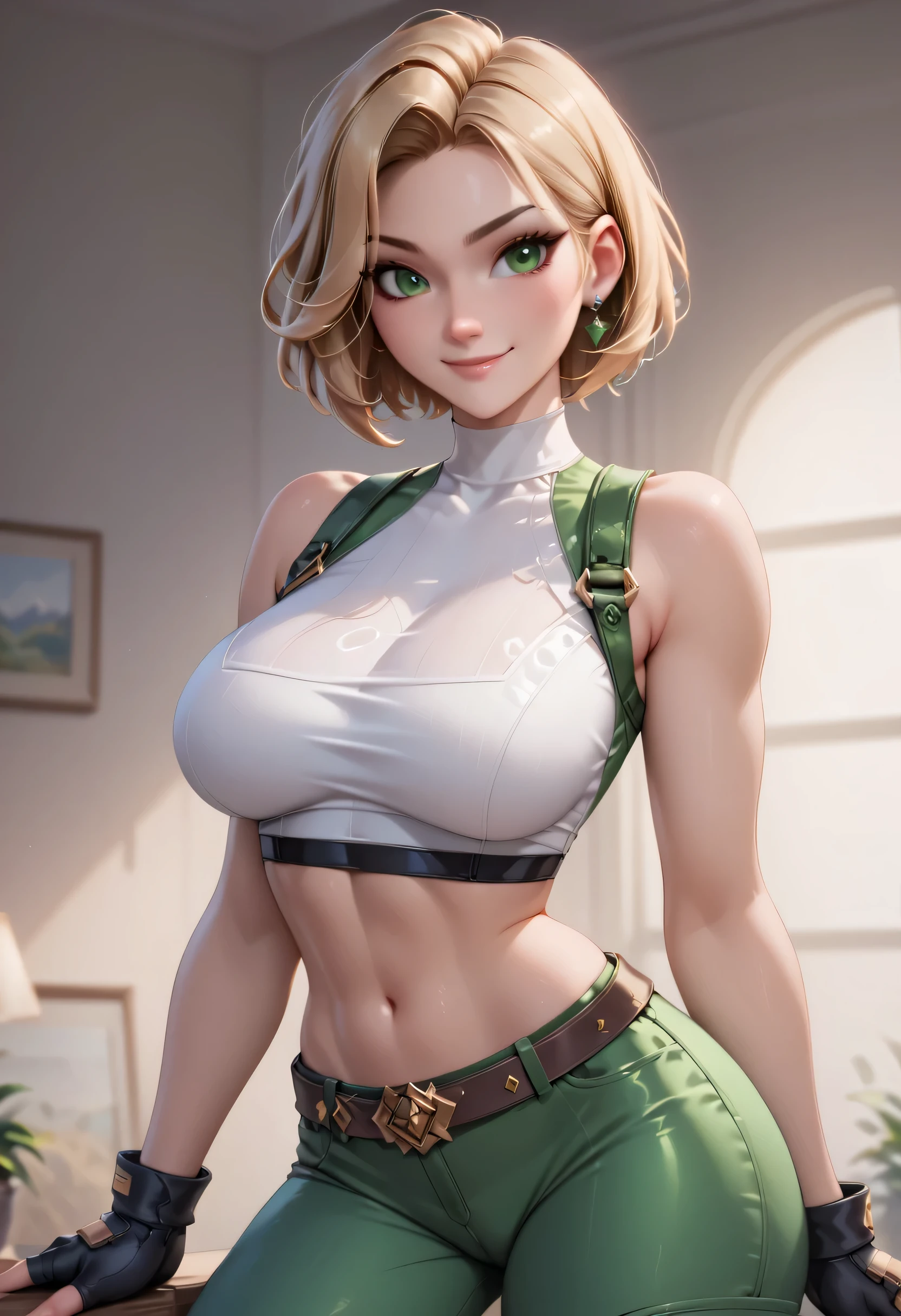 score_9, score_8_up, score_7_up,score_6_up, score_5_up, score_4_up, detailed soft lighting, 1girl, solo, large breasts, AchaseDG, hort hair, blonde hair, green eyes, plain white shirt, black gloves, crop top, green and black pants, belt, fingerless gloves, (tight clothes:1.3), on the Danger yacht, standing, provocative poses, looking at viewer, smile, closed mouth, (masterpiece, best quality, highly detailed, beautiful).