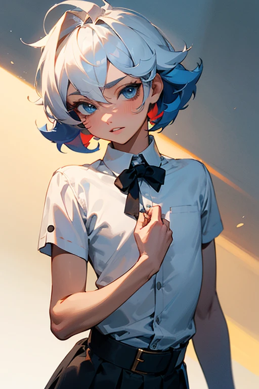 Male teenager short curly hair white skin blue eyes, reddish lips, outfit, white blouse and short shorts, His body is thin but with somewhat ancho thighs., somewhat short stature