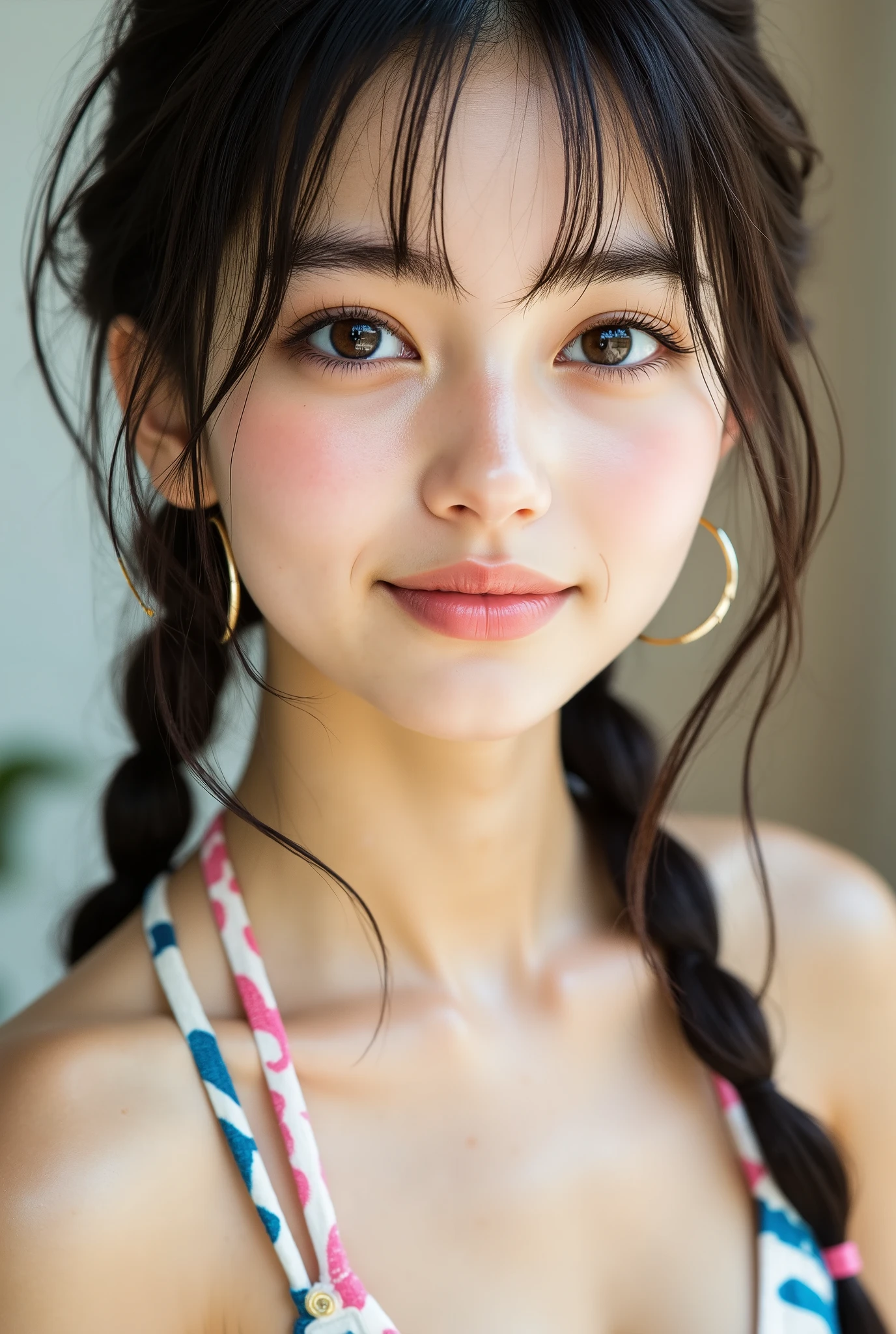  1.  18 year old girl 、braided hair  big head、blue eyes are detailed  expressive、perfect beautiful face。reflecting the gentle light of a cle、Related。Sweaty Skin in the Summer Heat、She's wearing a light pink lip gloss。She's Wearing a Pale Pink Lip Gloss、Her big lips are half-open、reflecting the gentle light of a cle。long pink nails、LARGE HOOP EARRINGS、her skin is tanned  healthy  golden、、slingshot swimsuit、  In other words, , , She's Wearing a Very Tiny Bikini。35mm blurry photos  8K high-definition texture、professional dynamic lighting reveals its intricate appeal。

