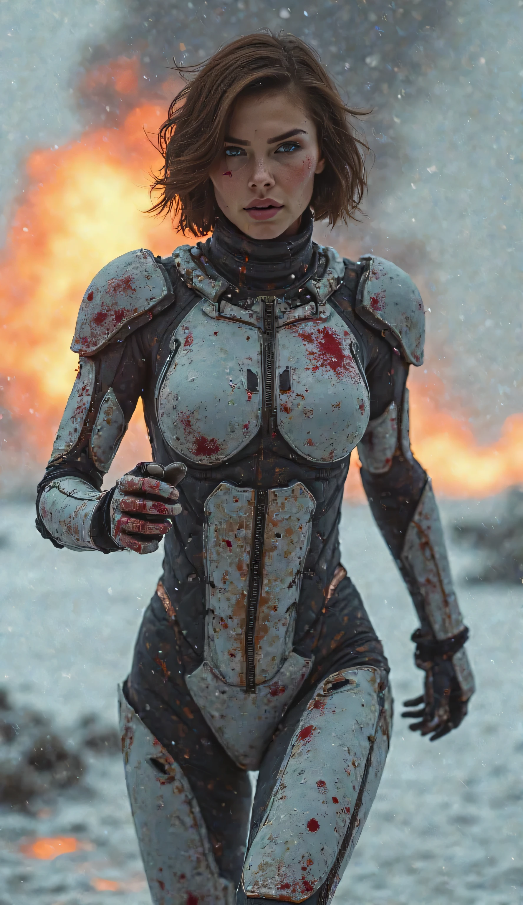 Mila jovovich in battle suit, natural breast, high resolution, realistic art, fighting zombies, 1 mature female, 1 milf, solo, in white colored facility, blood splatter.