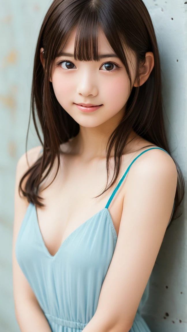 (8k), (highest quality: 1.2), (Realistic), (Realistic: 1.37), Ultra-high resolution, 1 girl, Head to knee photo、cute, smile, Mouth closed, Beautiful details, Beautiful Nose, whole body, Wet Hair,My clothes are wet and my skin is showing、 Large Breasts、Saggy breasts、Soft Breasts、Overflowing breasts、Voluptuous thighs、dolly make、Odd Eye、Heterochromia iridis