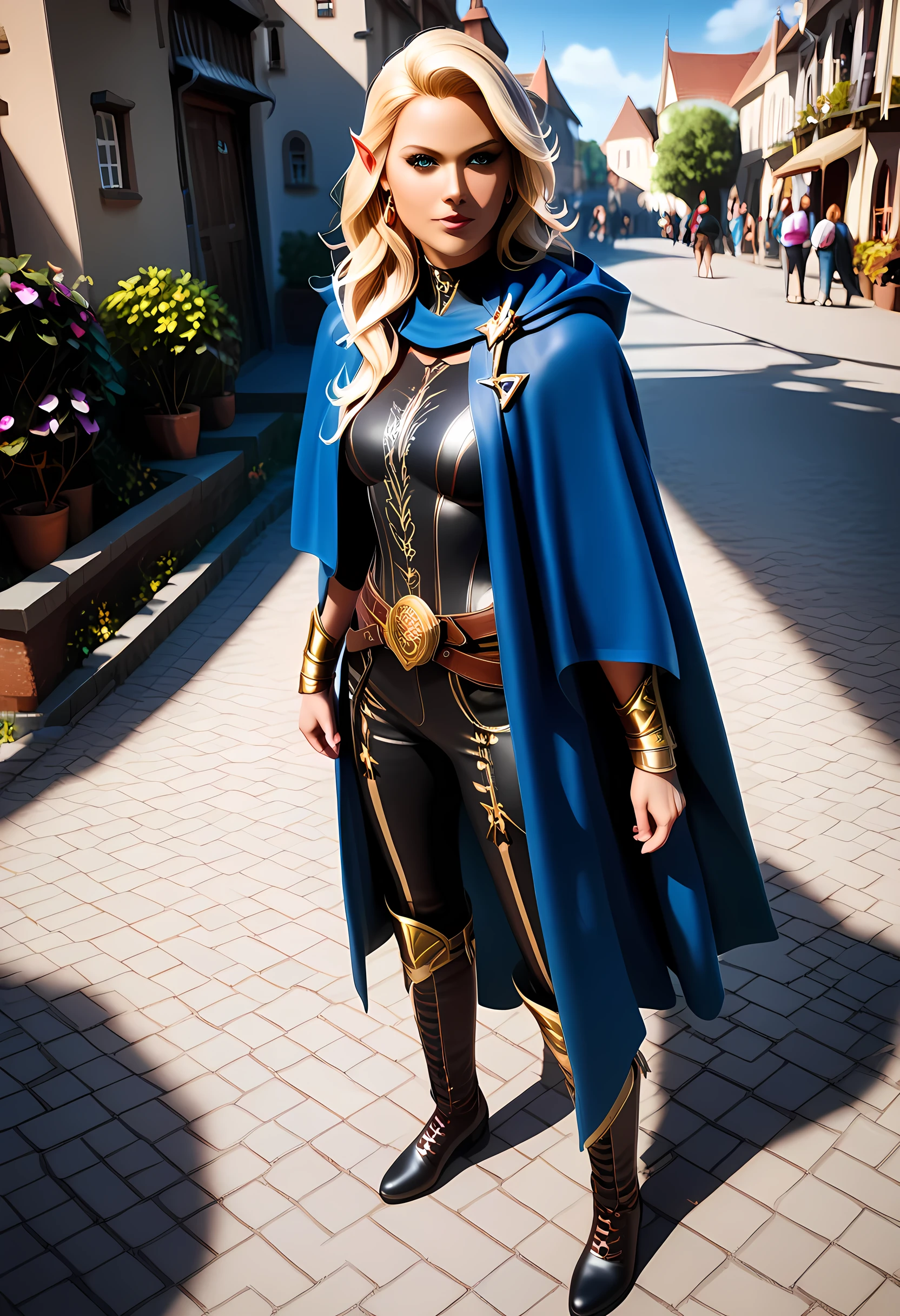 a black and white 1940s snapshot picture of a female elf, fantasy swashbuckler, fantasy fencer, armed with a slim sword, metallic shine, colorful clothes, full body, epic beautiful female elf, blond hair, long hair, billowing hair, small pointed ears, wearing  cloak, long cloak, (blue cloak: 1.3) wearing elven leather shirt, sense of daring, sense of adventure fantasy street, high details, best quality, 16k, [ultra detailed], masterpiece, best quality, (extremely detailed), dynamic angle, ultra wide shot, photorealistic, RAW, fantasy art, realistic art,((best quality)), ((masterpiece)), (detailed), perfect face, fantasy, light and shadows by reij-shdwgms