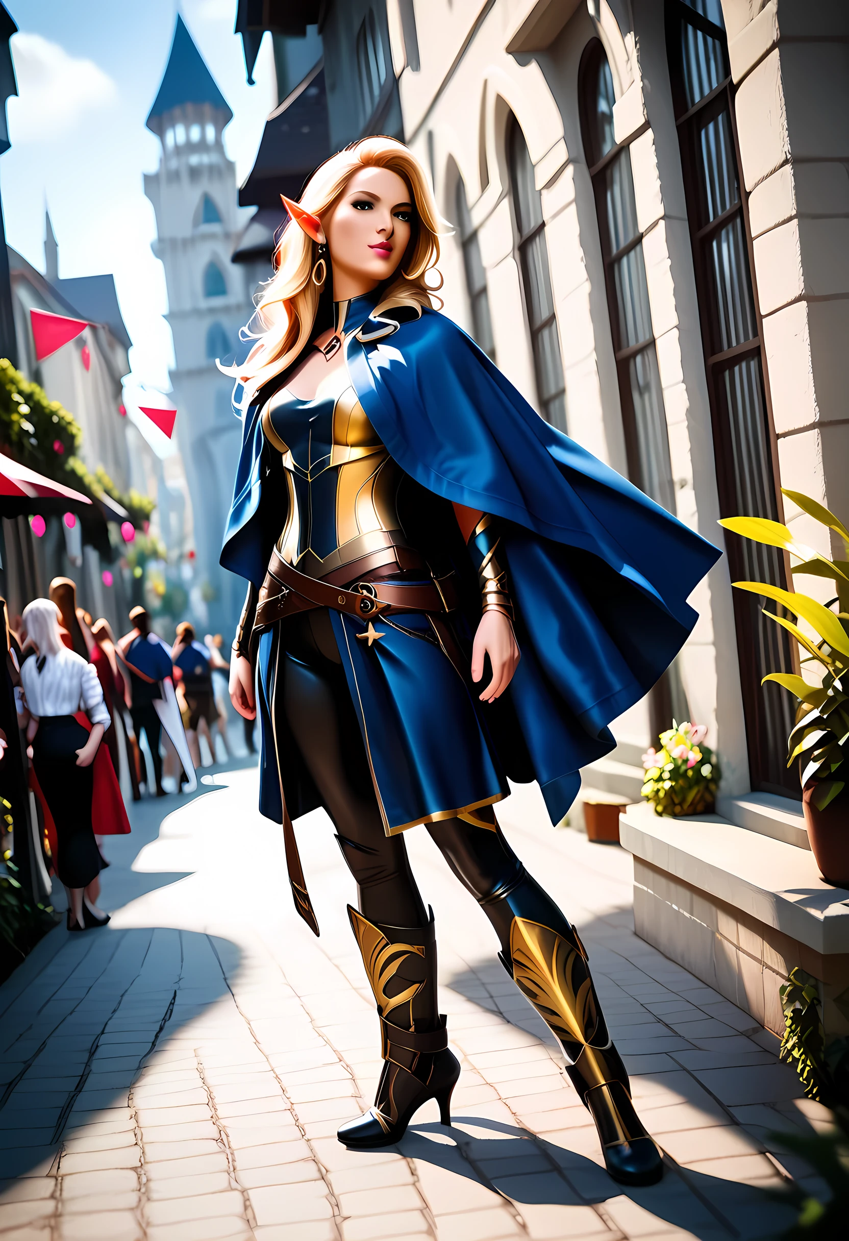 a black and white 1940s snapshot picture of a female elf, fantasy swashbuckler, fantasy fencer, armed with a slim sword, metallic shine, colorful clothes, full body, epic beautiful female elf, blond hair, long hair, billowing hair, small pointed ears, wearing  cloak, long cloak, (blue cloak: 1.3) wearing elven leather shirt, sense of daring, sense of adventure fantasy street, high details, best quality, 16k, [ultra detailed], masterpiece, best quality, (extremely detailed), dynamic angle, ultra wide shot, photorealistic, RAW, fantasy art, realistic art,((best quality)), ((masterpiece)), (detailed), perfect face, fantasy, light and shadows by reij-shdwgms