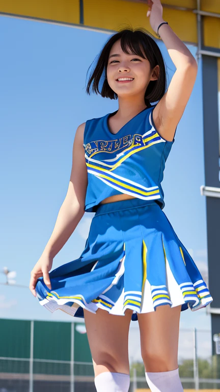 (((top-quality, 8K, photographrealistic:1.4, ​masterpiece, realistic, photographic, photo))), Back light, Highly detailed facial texture girl, 18years old, childlike, (((Blue Cheerleader:1.2))), ((Bathroom Background:1.2)), with arms up, A smile, open mouth, blown hair and short hair, Parted sleeves, bare shoulders​, Center opening, flat chest, AAA cup, ribbon, cute, beautiful, sexy navel, detail, jumping girl, having pompon, short arm