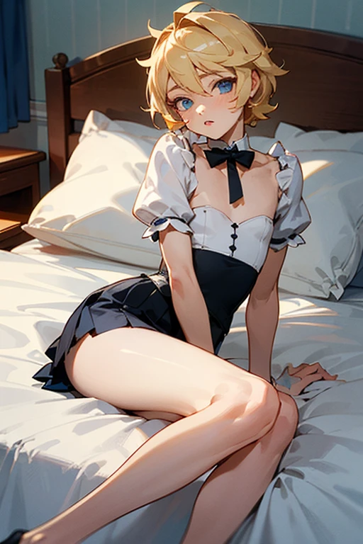 (best quality, 8k, 32k, masterpiece, UHD:1.2), 1girl,white beige hair,gleaming skin,shiny skin,mini skirt,(large blast)),泣き顔, black smoke,beautiful detailed glow,座る,酔っ払う,bed,