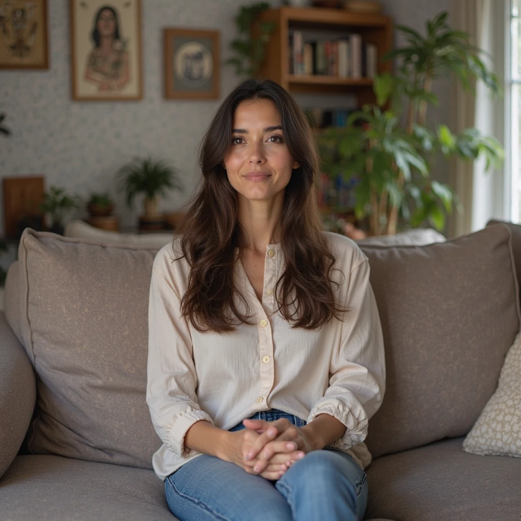 A photo of a woman sitting on a cozy couch, crossing legs, soft light, relaxed posture, comfortable home setting, warm tones, intimate atmosphere, casual clothing, subtle smile, (ambient lighting:1.2), natural color palette, serene expression, high-resolution, Sony α7R IV, 1/60s, f/2.8, ISO 200, indoor tranquility, soft-focus background, detailed texture of couch fabric,