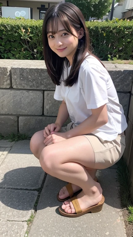 Reality,photo shoot、1 person: Satomi Ishihara、15 years old、smile、
cute、Hair Up Squatting、
The real face in front、Skirt Panties White、
Place your hands on your knees and spread your legs wide