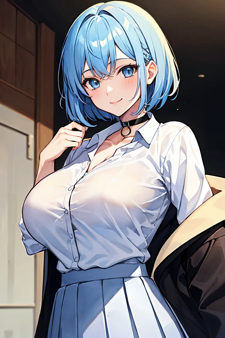 masterpiece, 8k, 4k, high quality, Anna Nishikinomiya Shimoneta, lustful anime girl with short silver hair and sea blue eyes, wearing black headband, shivering/shaking, drooling, sexual fluids, gapmoe yandere in ecstacy, hands on face, flaunting luscious hips and massive breasts, wearing an untucked white school t-shirt with a buttoned up dark grey school overcoat, wearing a long blue school skirt and black leggings, https://www.pixiv.net/en/artworks/51735719, artist クシャビリア, anime shimoneta, pixiv top rankings, danbooru top rankings, good artist,