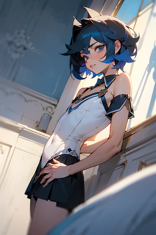 masterpiece, high quality, illustration, extremely detailed, back facing, 1_women, back facing viewer, (bright blue hair), medium length hair, flowing hair, mature, tall, beautiful, exotic, elegant, slim, (((hands on hips))), (((sailor collar))), black thigh highs, choker, medium bust, (brown steampunk corset), black Lolita style skirt, knee high brown boots with laces, bare shoulder, black elegant elbow gloves, steampunk, in rustic room, wooden table, crystal ball, rustic gypsy hut, candles, candle light, clocks on walls, skulls, potions, curtains, colored smoke in the air,