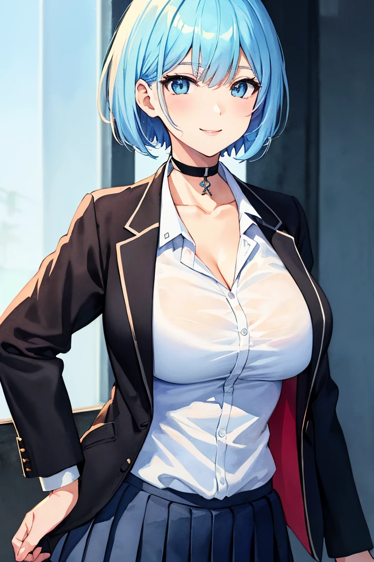 all intricate details, cientificamente: perfect body, girl 1, (masterpiece, best quality:1.2), illustration, solo, 1girl view, short hair, white hair, green eyes, short green blazer, black miniskirt, detailed background, looking at viewer, hair ornaments, indoors, sexy pose, front and sexy angle, open clothes, nude +18, uncensored