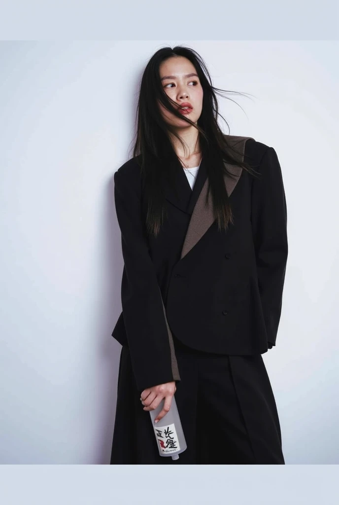photorealistic,realistic, solo, photorealistic, best quality, ultra high res, diamond stud earrings, long straight black hair, hazel eyes, serious expression, slender figure, wearing a black blazer and white