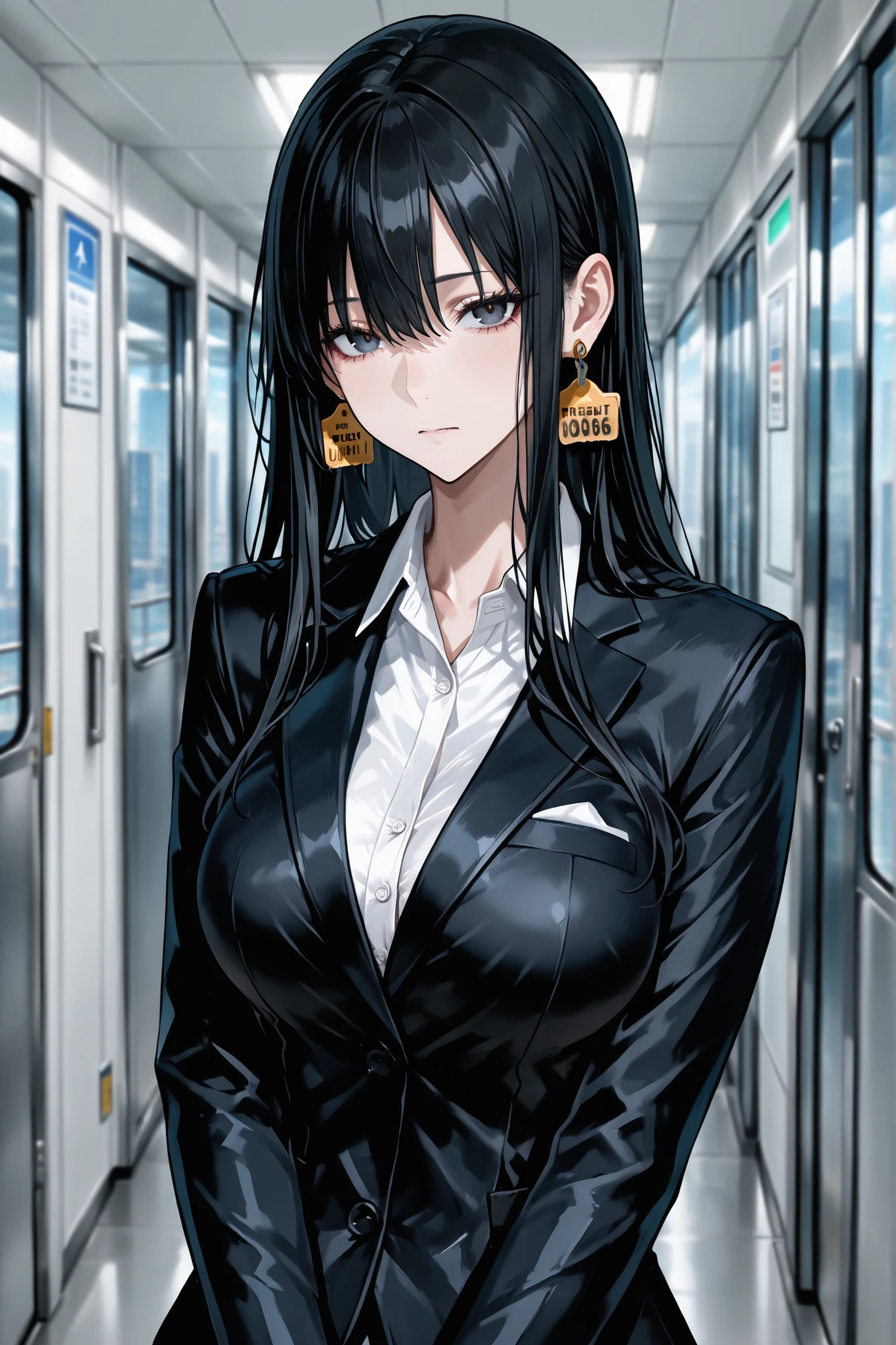 masterpiece, best quality, solo, long hair, perfect eyes, black hair, suit, medium , color, ((ear tag)), masterpiece, best quality, amazing quality, very aesthetic, absurdres, newest, highly detailed, high-resolution, in the airport gate