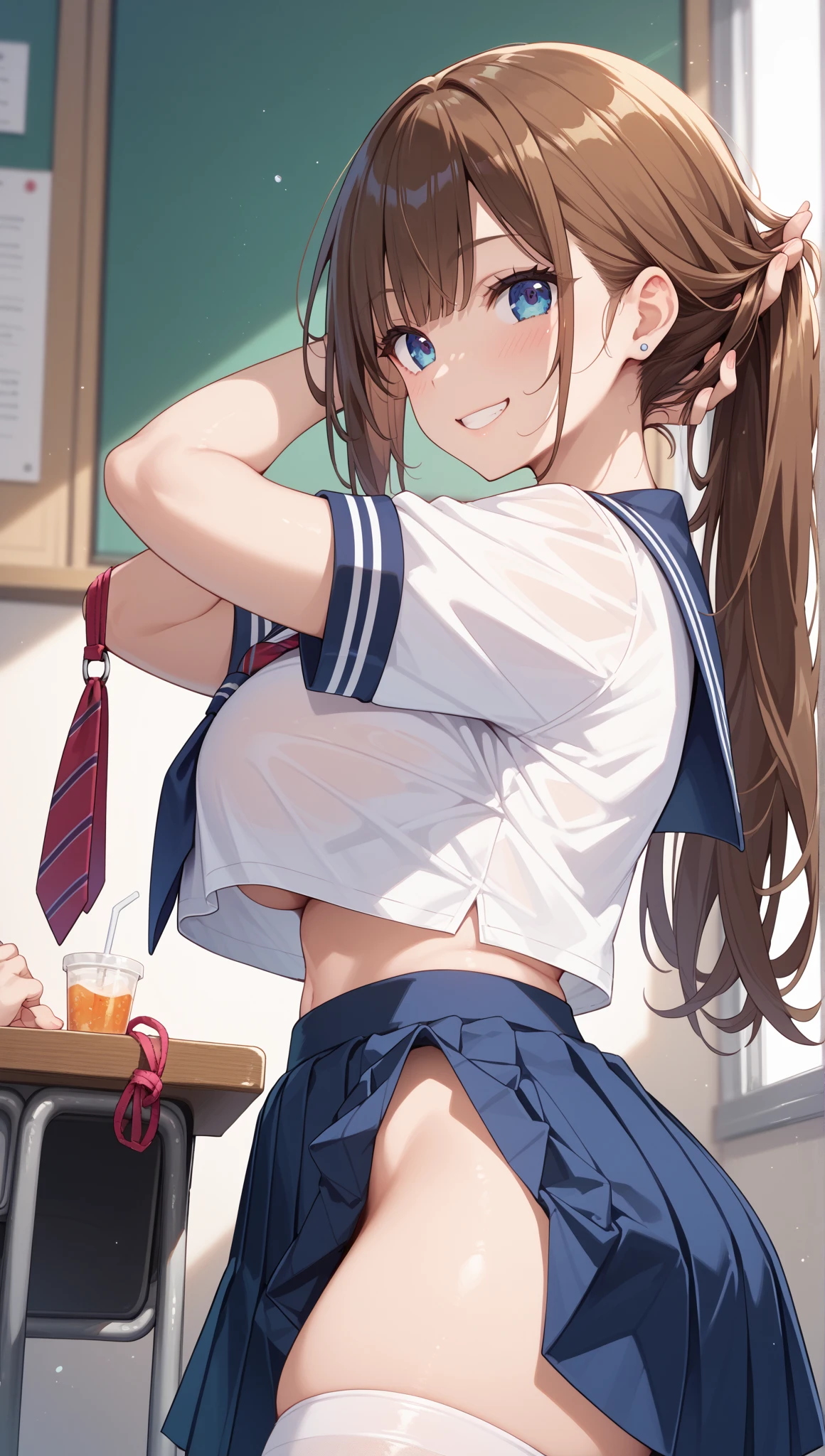Highest quality, Super detailed, masterpiece, Ultra-high resolution, 8K, Embarrassing, blush, Lovely, Close one eye, With tears in her eyes and her mouth open, drooling, (arms behind head), wariza, (off-shoulder sailor uniform, micro mini skirt), cleavage out, crop top navel, 1girl, kawakami princess \(umamusume\), umamusume, Pink Hair,, medium breasts, Absolute area, Waistline, (Shower room, I take a shower)