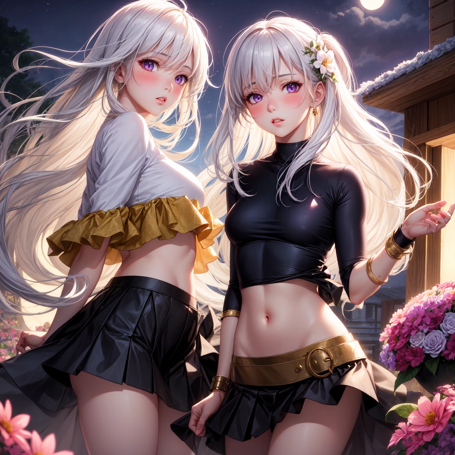 ((((Mesa, Best Quality, high resolution)))), Extremely detailed 8k, Beautiful girl with slim body, (ultra high definition, ultra detailed, Very detailed, very realistic, ultrarealistic, realistic photos), (1 girl:1.5), by the wavy cut, bob cuts, (dynamic poses), looking to the camera, smile of light, purple eyes, (neodium breasts: 1.2), (beautiful detailed face, Beautiful detailed eyes), (white vest, fine material), neckline, Dark Denim Shorts, glow, sweat, (Sun rays, sunlight)，nakedness，bare chest