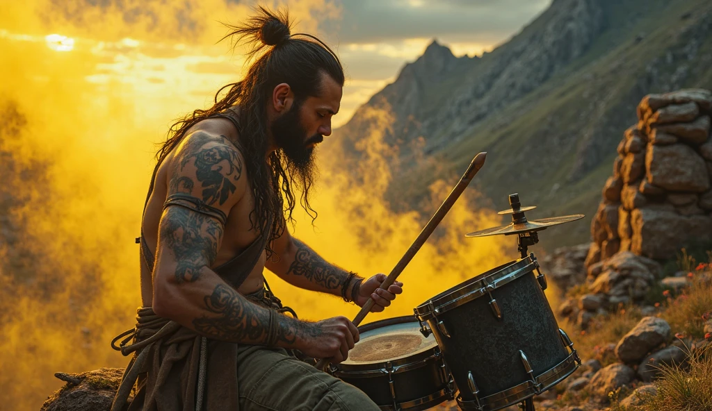 a sullen Indian smokes a peace pipe in a feather headdress plays a large rock drum kit and behind him are the spirits of the Indians, the indian looks straight ahead, drum set black two cymbals and 3 drums