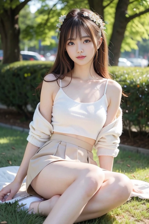 one girl, (a beauty girl, delicate girl:1.3), (13 years old:1.3),
break, (Tilden Cardigan, White cardigan:1.2),
break, Very fine grain definition, (Symmetrical eyes:1.3),
break, (Lush green park:1.3), 
break, Big Breasts, Brown eyes, Parted bangs, Brown Hair,  girl,
break, (Eye and facial details:1.0),
break, (masterpiece, highest quality, Super detailed, Detailed face, 8k), From the knee up, Open your chest wide, ((mini skirt:1.3)), squat, ((Showing panties:1.3))