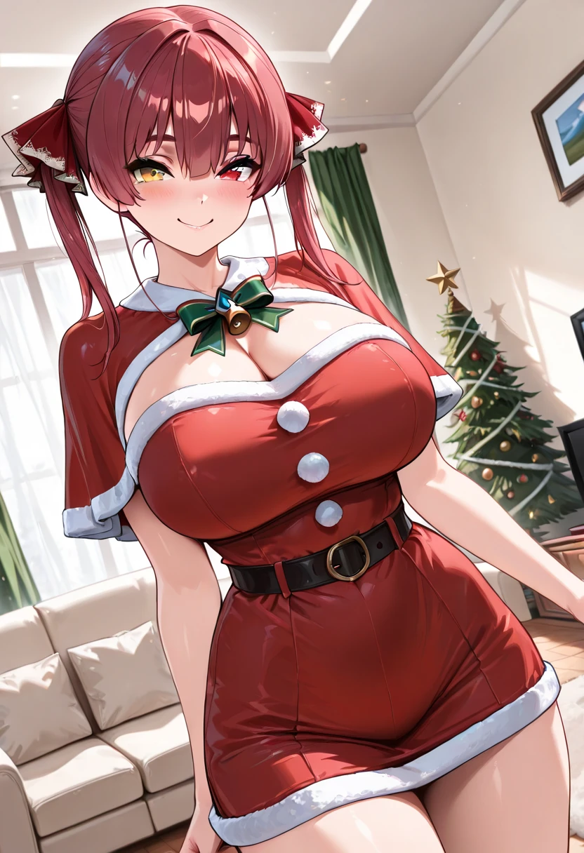 realisitic, top-quality, 1womanl, Mature, ((red blush)), perspiring, Santa Cap, Purple Bob Hair, (Protruding tongue), ((Santa Claus Costume))、Black PVC gloves, large full breasts, 双臂在头后