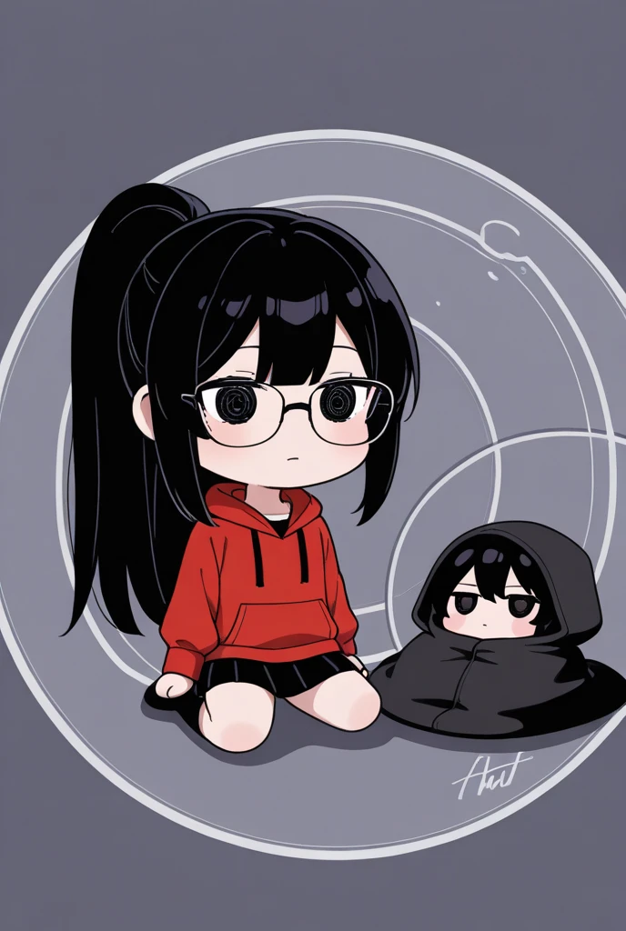  Anime signature, black hair Eboy, ponytail w thin bangs, glasses circle, red Crimson ,The face looks like a person who hasn't slept, chibi doll mini skirt black, Hood mat