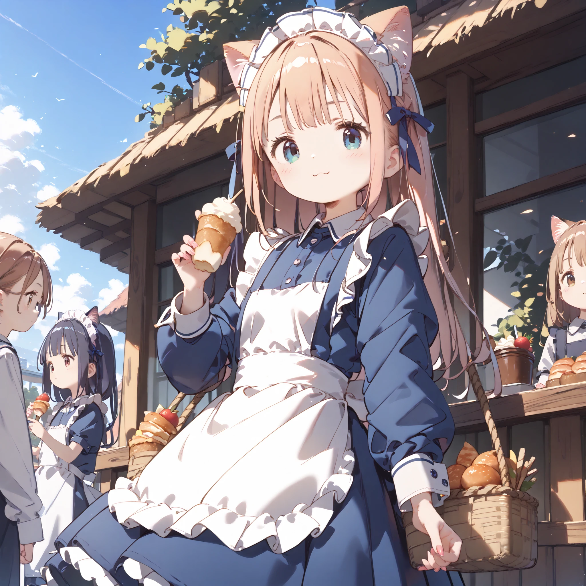 ( masterpiece, high resolution,High Quality,high resolution)、HD、High Quality、8k、4k、girl3people、maid outfit、Cat ears、 cat tail、Young girl、Juvenile body、Baby Face、serving food