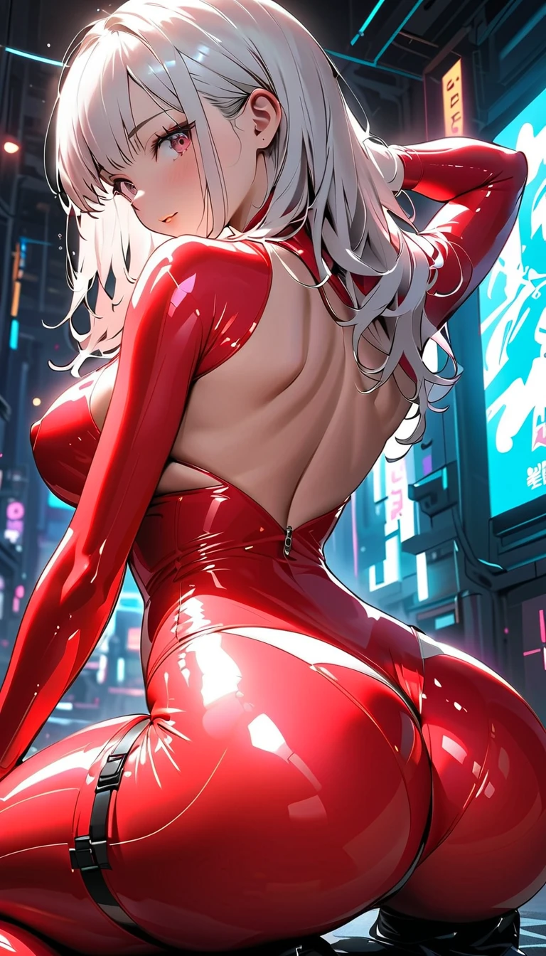 1 girl, fair_skin, (white long hair), large ass, (wearing red latex suit), full lips, pretty long eyelashes, pretty eyebrows, soft looking skin, realistic background, masterpiece, wearing diamond earrings, looking at viewer, (blue eyes), facing the viewer, lower angle