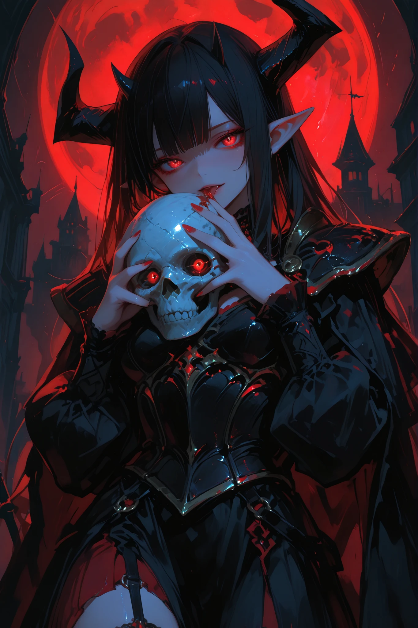 【high quality】【masterpiece】【with precise and delicate drawing】【dynamic lighting】【Super Detail】 holding a skull split in half, using it as a cup filled with red wine, drinking from it with a seductive and alluring expression 1girl elven characters with pointed ears and horns, both with red eyes, dressed in dark, intricate armor with glowing red accents, holding skulls with glowing red eyes, with a large full moon and a gothic castle in the background, dark and eerie atmosphere,