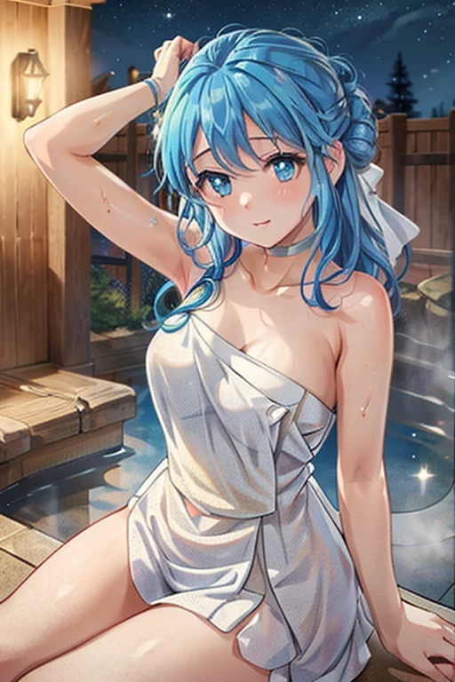 1girl, multicolored hair, flowers on head, sidelighting, light particles, sexy, highest quality, onsen, medium breasts
