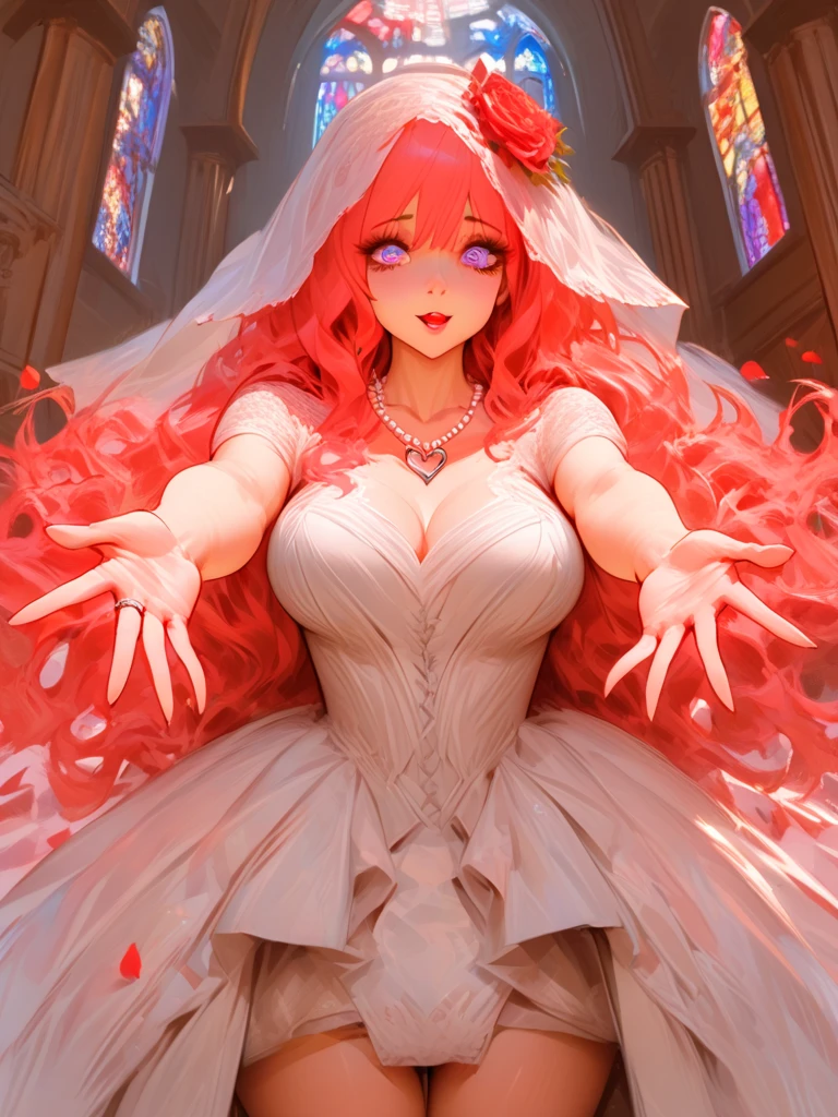 Female vampire in wedding dress, (detailed Large canines:1.5), Curvaceous body, fully clothed, (fangs:1.5), giga_busty,