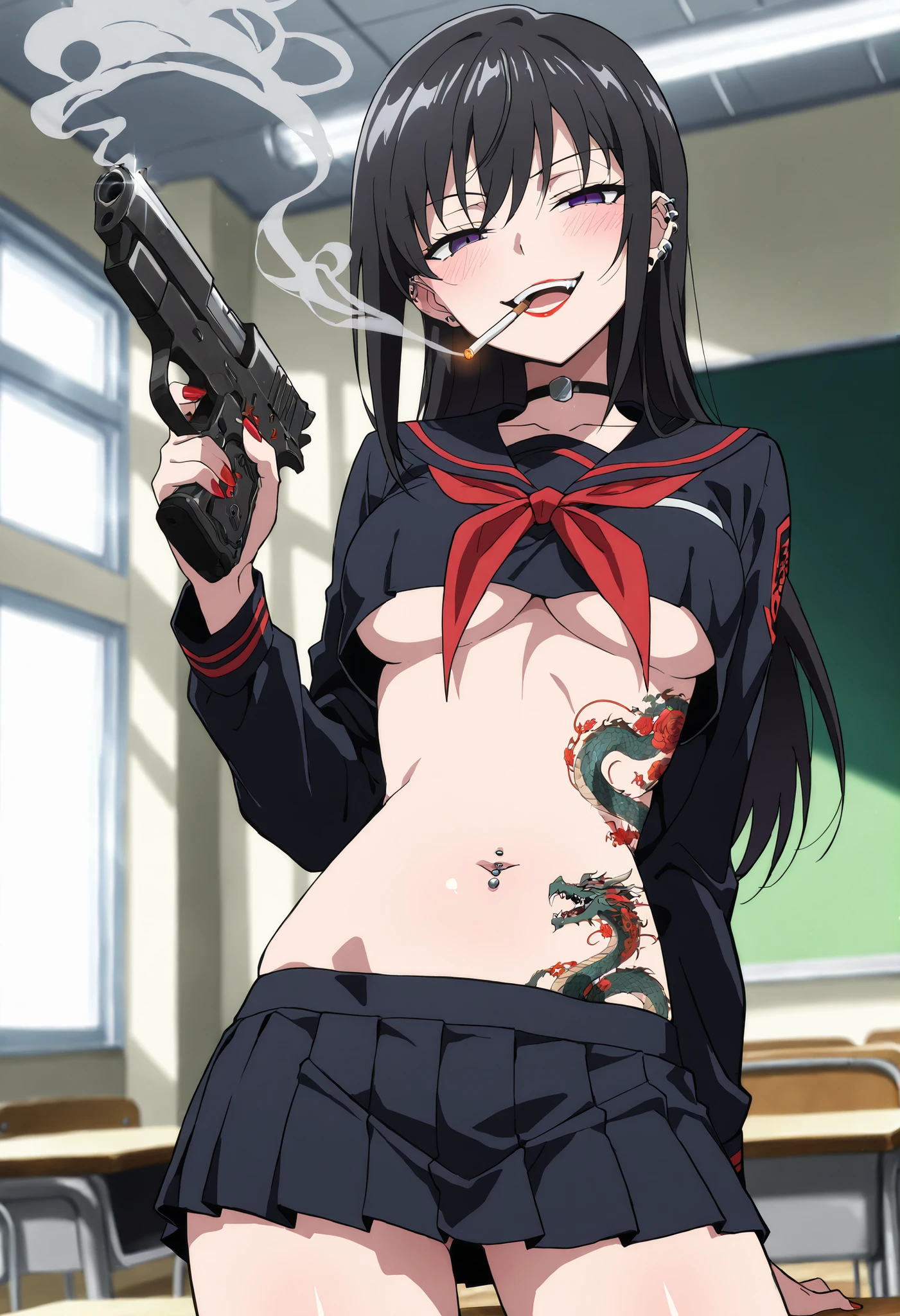 score_9, score_8_up, score_7_up, score_anime, 8k, best quality, masterpiece, (ultra-detailed), , looking at viewer,
chiechun, 1girl, medium breasts, , navel, tattoo, jewelry, red pupil, black hair,, ear piercing, long hair, blush, lipstick,Hot girl, baddie, smoking, sensual, attractive ,masterpiece, best quality, highly detailed, a girls in sailor uniforms with a gun posing for a picture, evil
smile, smile, open mouth,black_serafuku, (nsfw) not safe for work, ecchi style, high school girls, holding
a gun, hold a gun, micro skirt, exposed belly, exposed navel, exposed midriff, holding pistol,underboob,
exposed lower belly,school, classroom, navel piercing,,dragon tattoo, narrowed eyes, tattoo waist , anime screencap , anime coloring