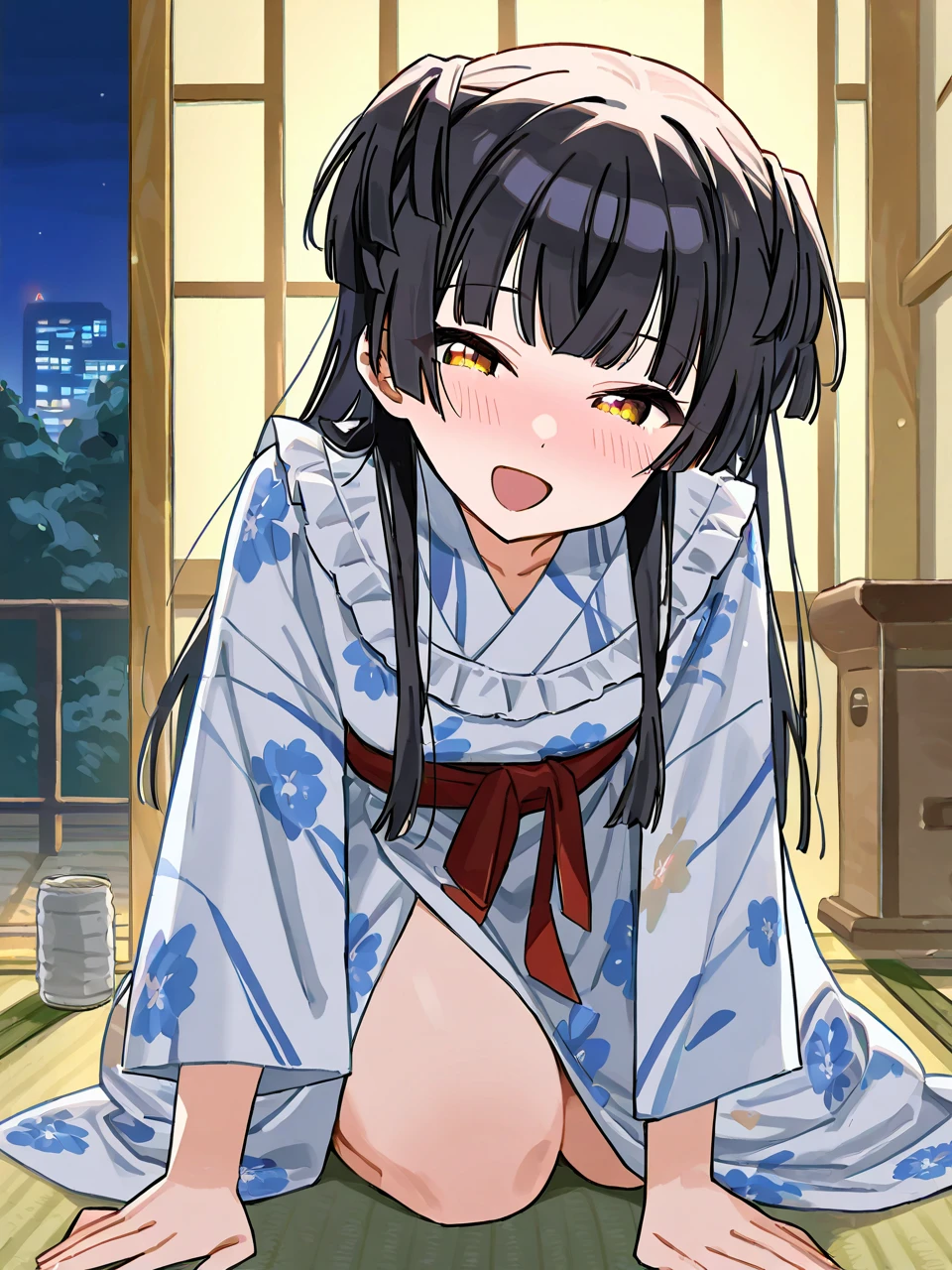 Gao Jiejie,Highest quality,Detailed Background,night,Outdoor,Red eyes,smile,Long twin tails,Brown Hair,Eyebrows visible through hair,Flat Chest,Blue yukata,Cleavage,Nipples,upper body,1boy,vaginale,Sex,cum in pussy,Woman on top,Men are down,penis in pussy,