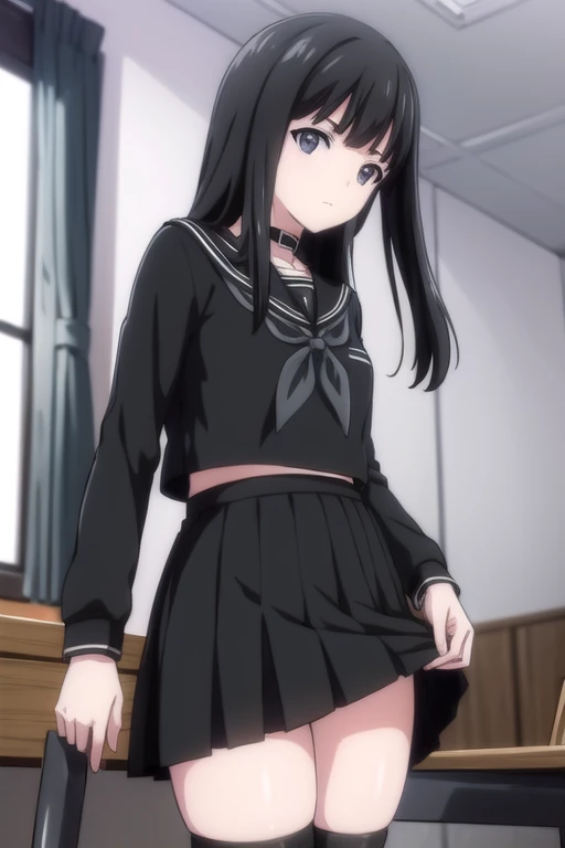 Browsing Caution，(masterpiece, highest quality: 1.2), alone, 1 girl, alone, string panties,，，black，Sailor suit，blazer，From below，((Skirt flip))，(((blackいpanties)))，your heather, かなりEmbarrassing，blush, View your viewers, Long black hair, head band,  Earrings, Big Breasts, Medium Waist, Medium Hips, wide thighs, Embarrassing, charm, Good move...., Excellent anatomy,panties，classroom，，Sailor suit，blazer，